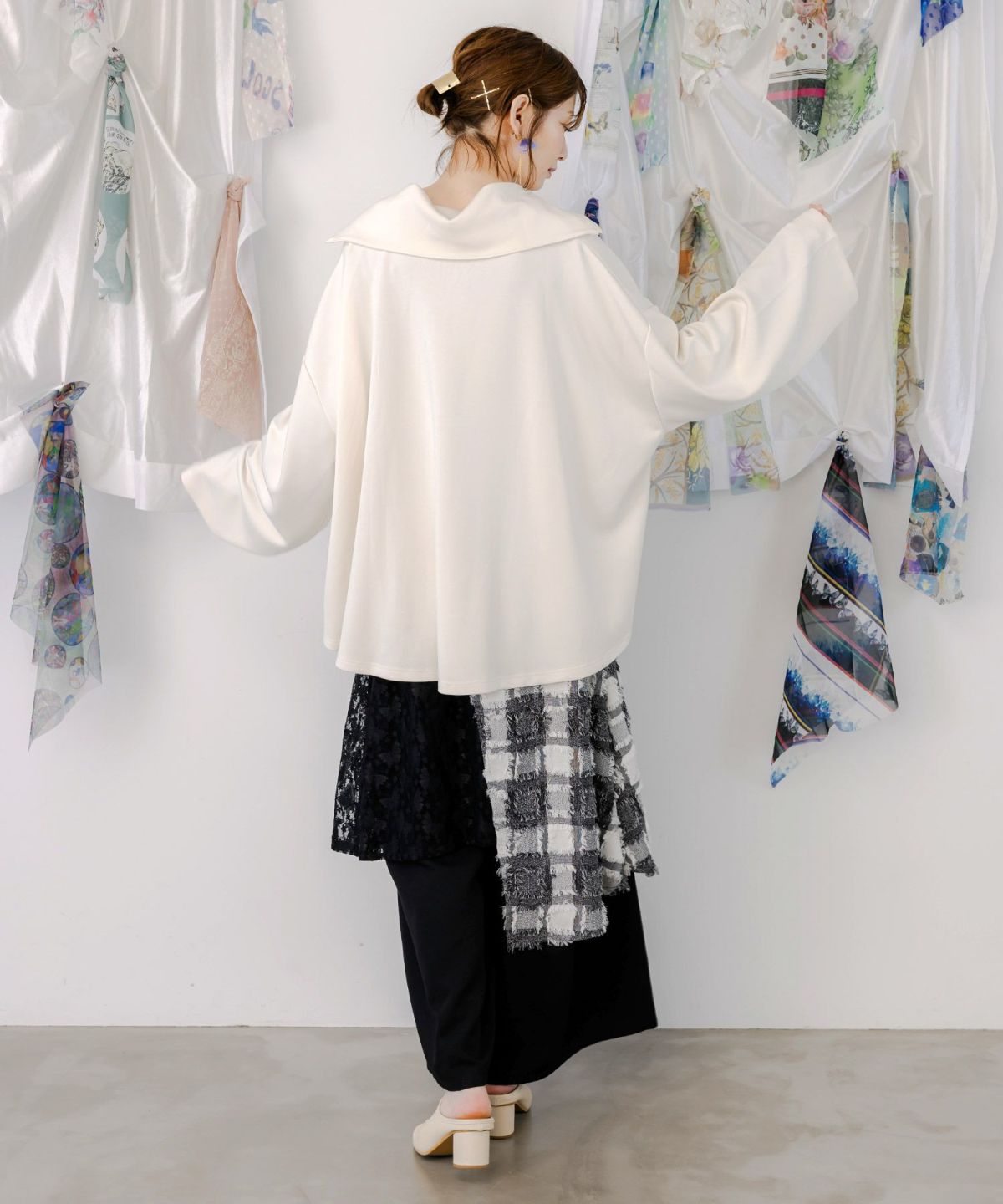 レース×チェック柄 異素材切替パンツ-7