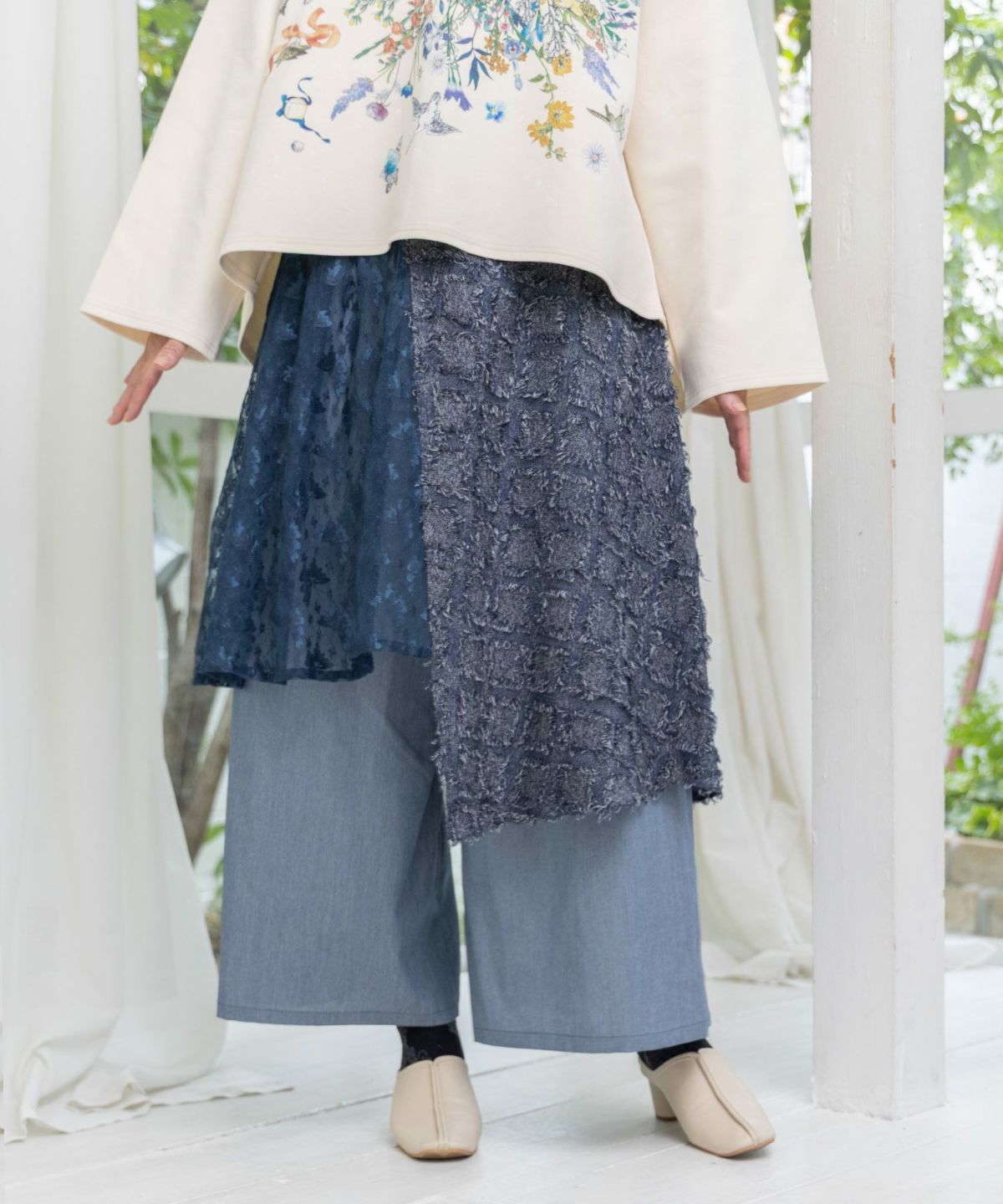 レース×チェック柄 異素材切替パンツ-10