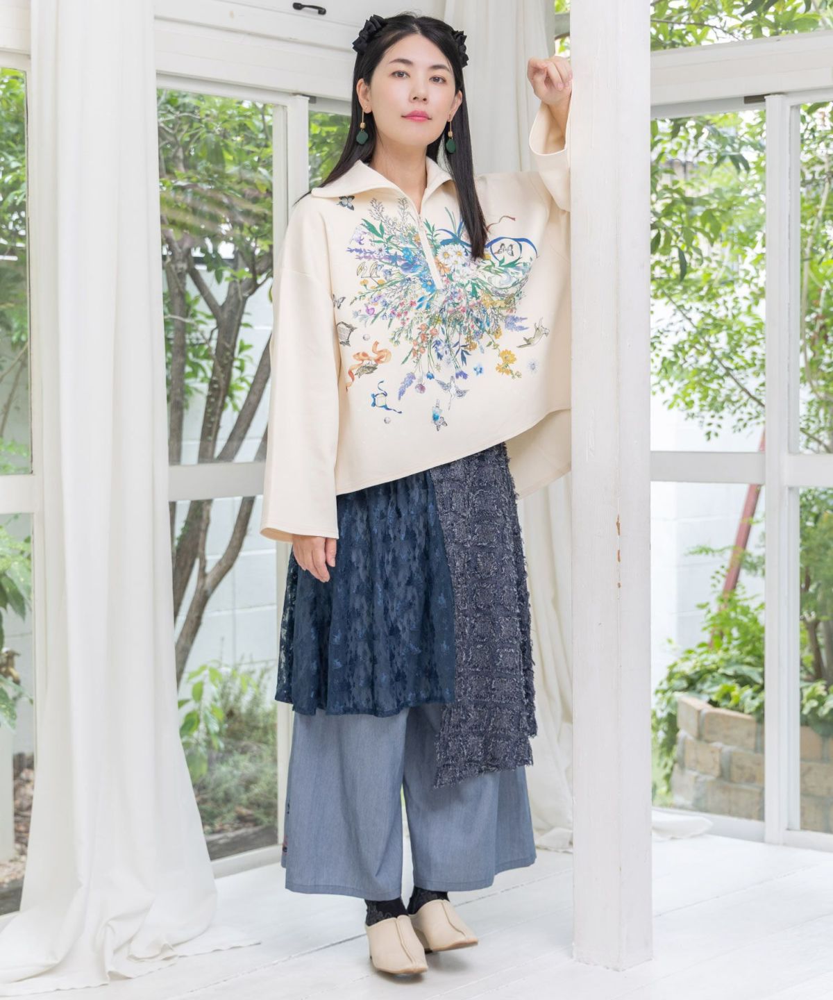 レース×チェック柄 異素材切替パンツ-11