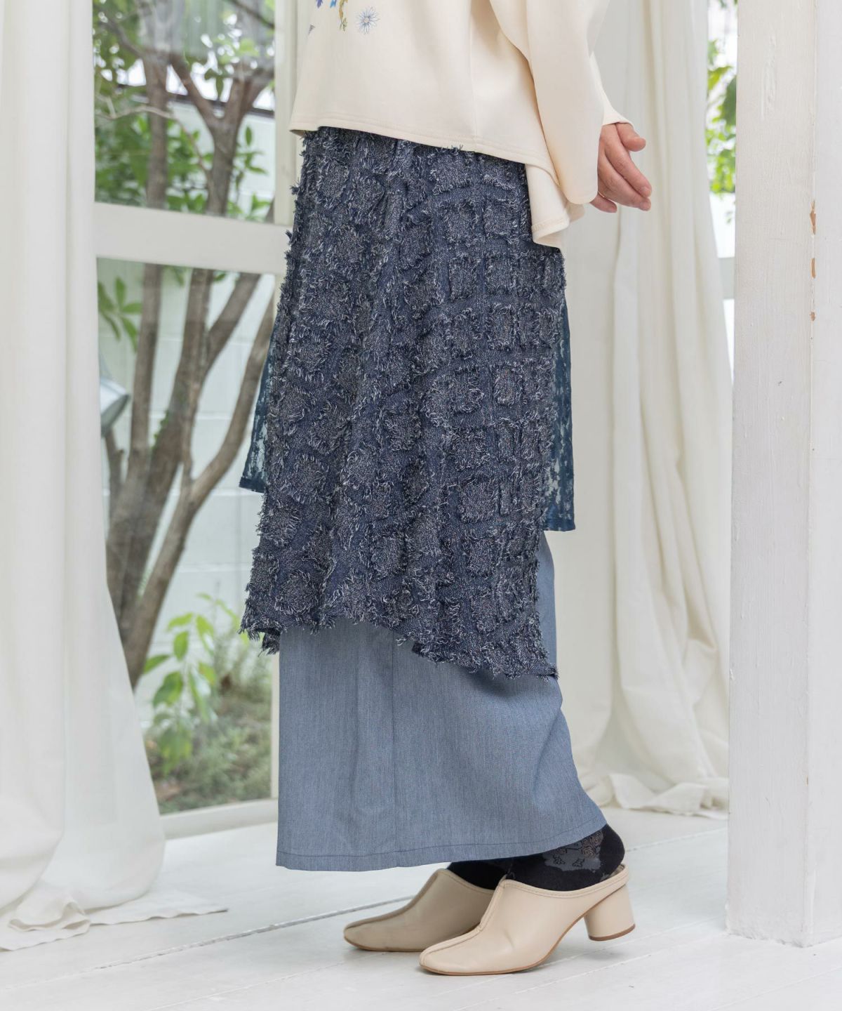 レース×チェック柄 異素材切替パンツ-12