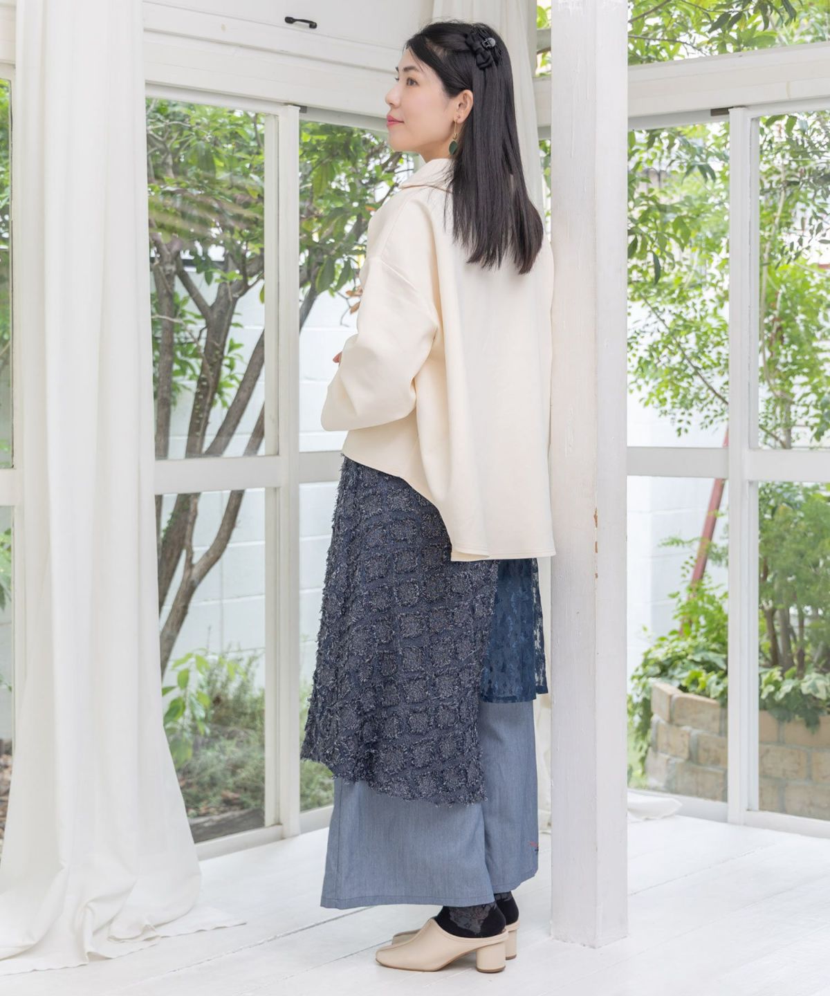 レース×チェック柄 異素材切替パンツ-13