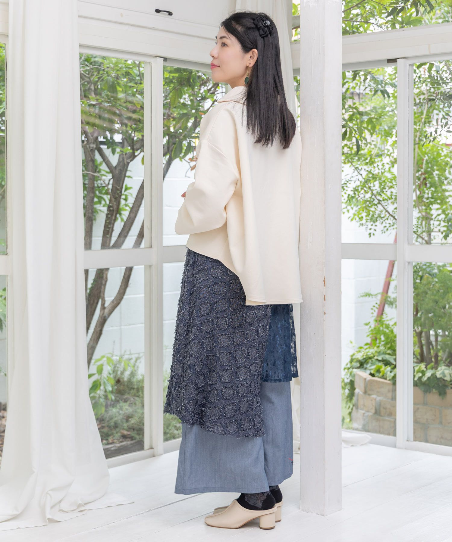 553230：レース×チェック柄 異素材切替パンツの通販-ScoLar 