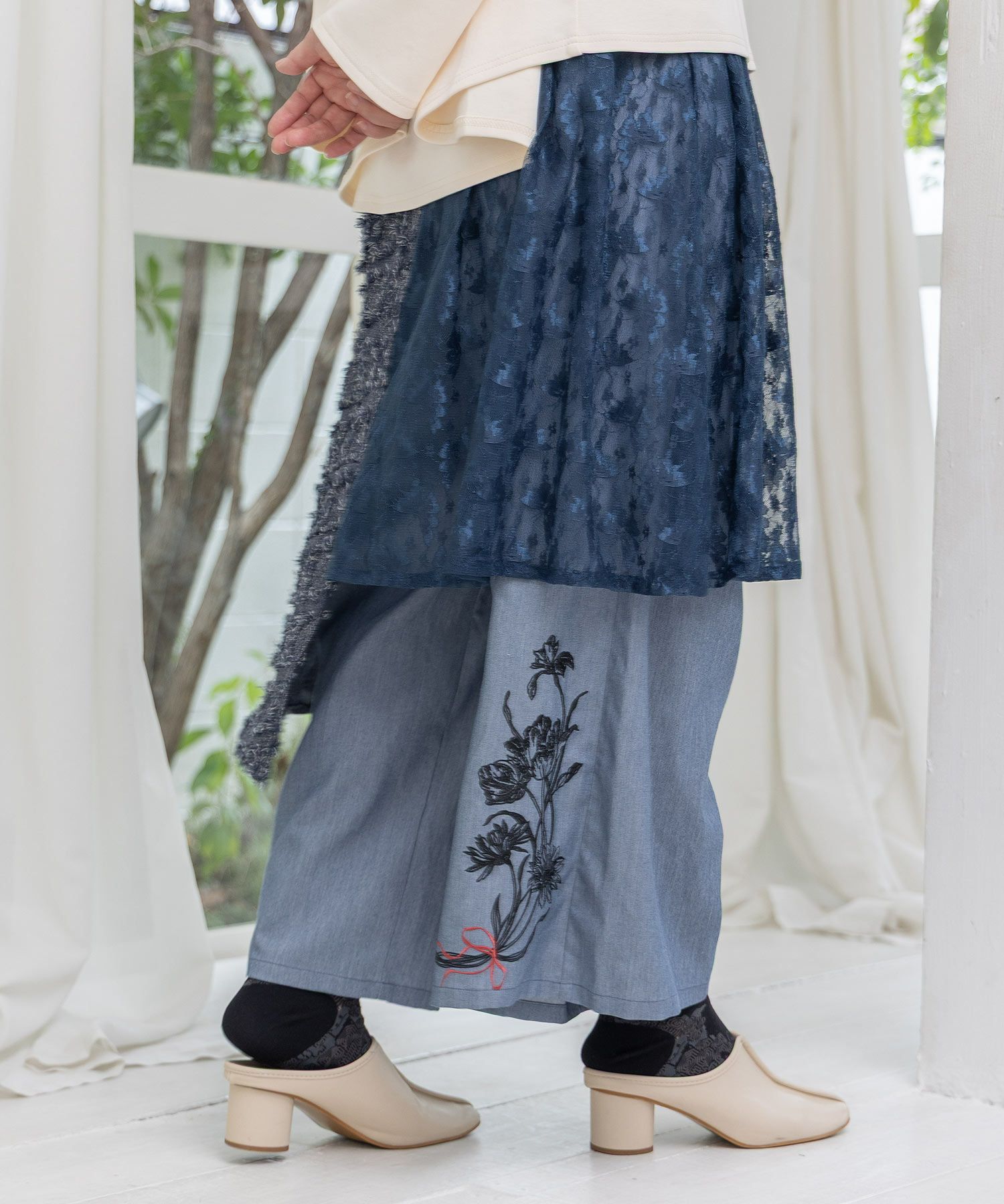 レース×チェック柄 異素材切替パンツ-15