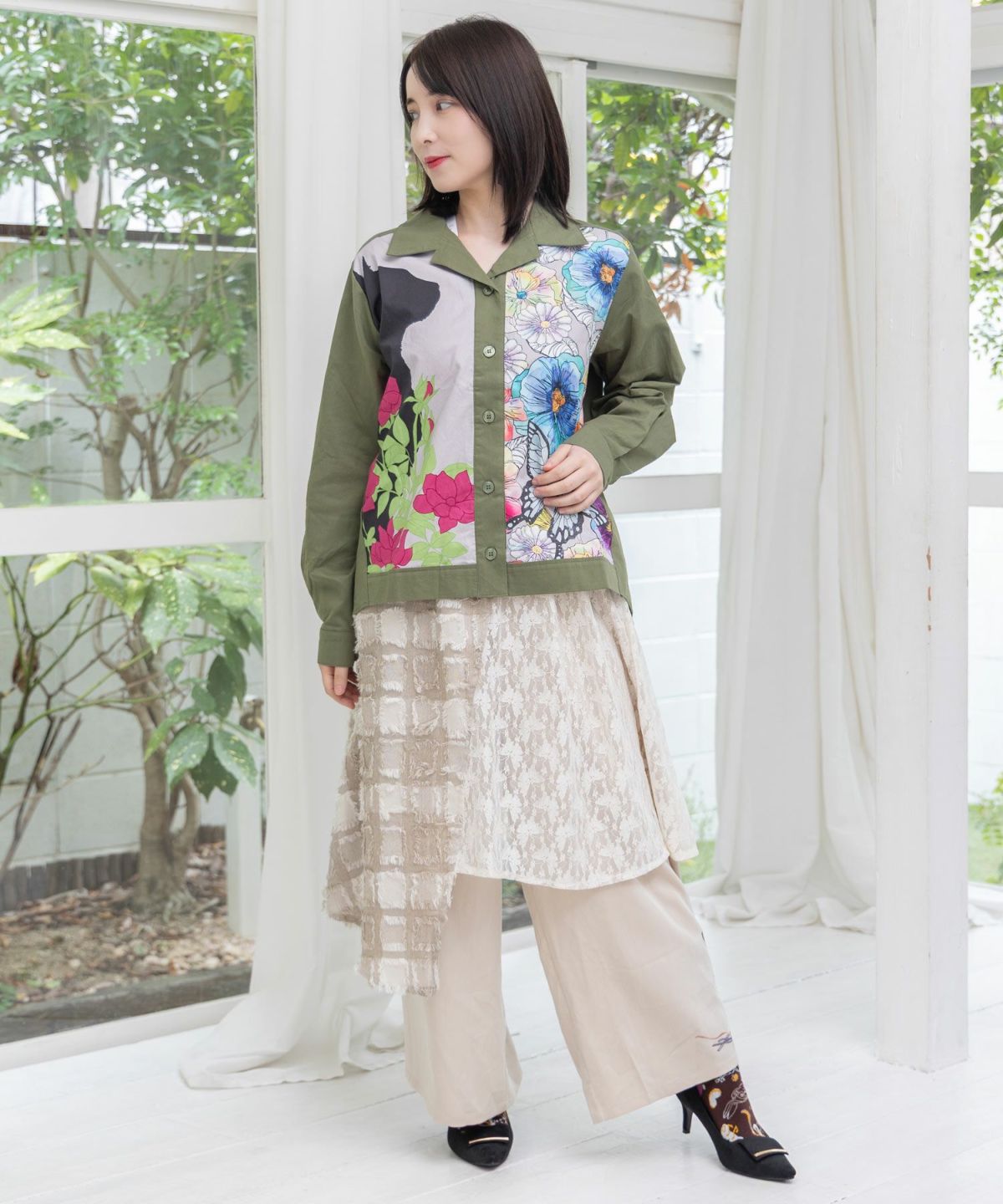 レース×チェック柄 異素材切替パンツ-18