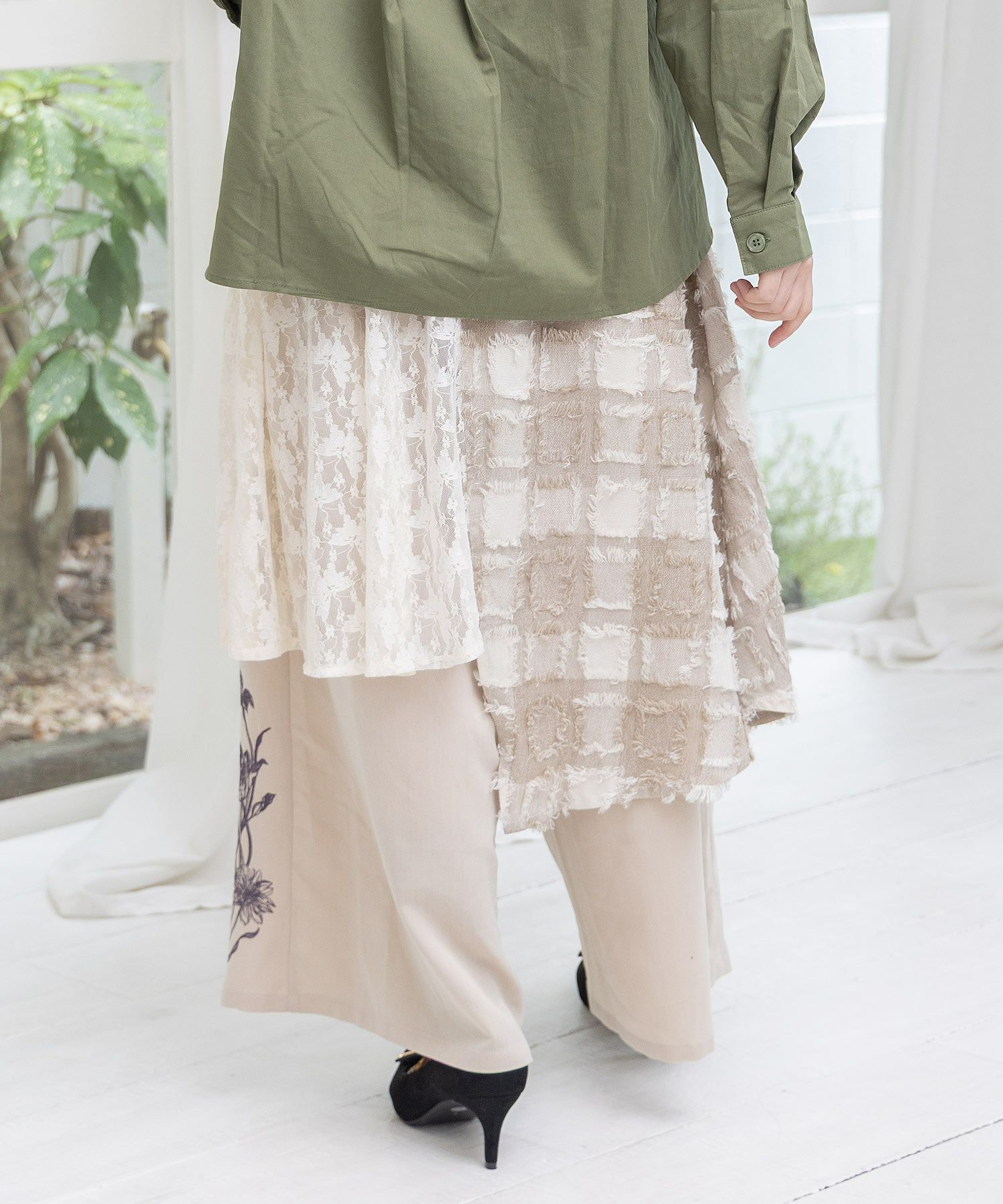 553230：レース×チェック柄 異素材切替パンツの通販-ScoLar 