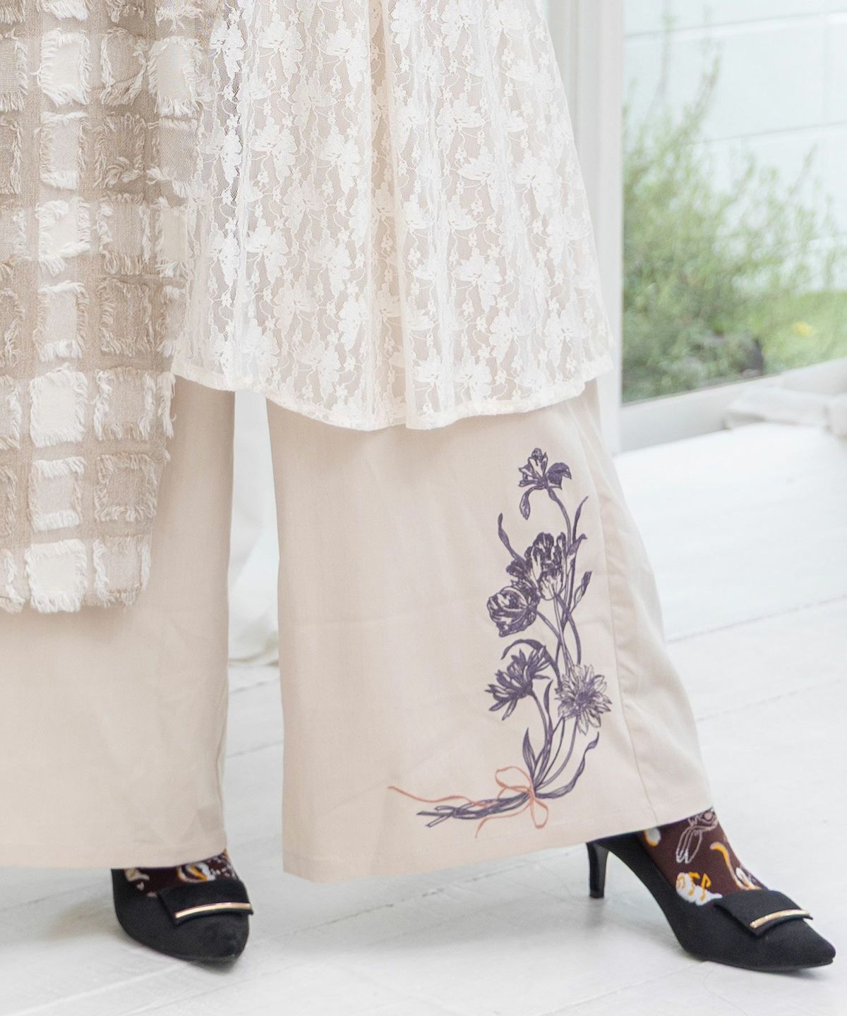 レース×チェック柄 異素材切替パンツ-21