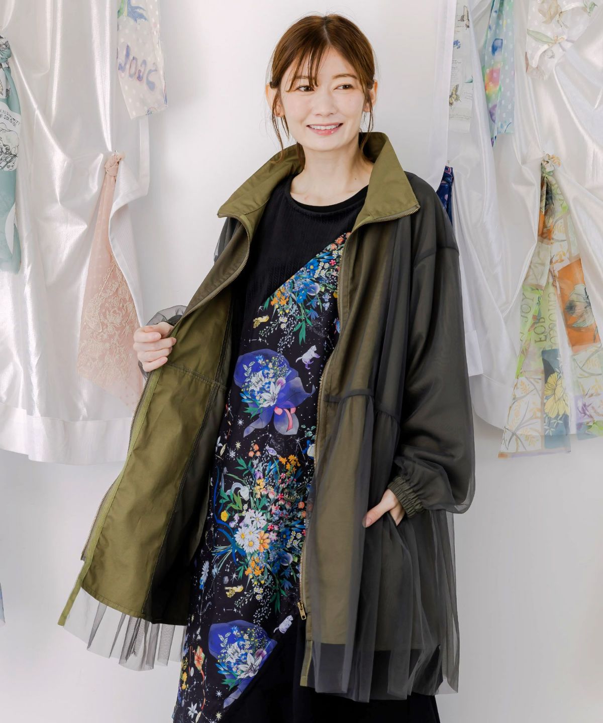 花蝶刺繍チュール重ねロングブルゾン-2