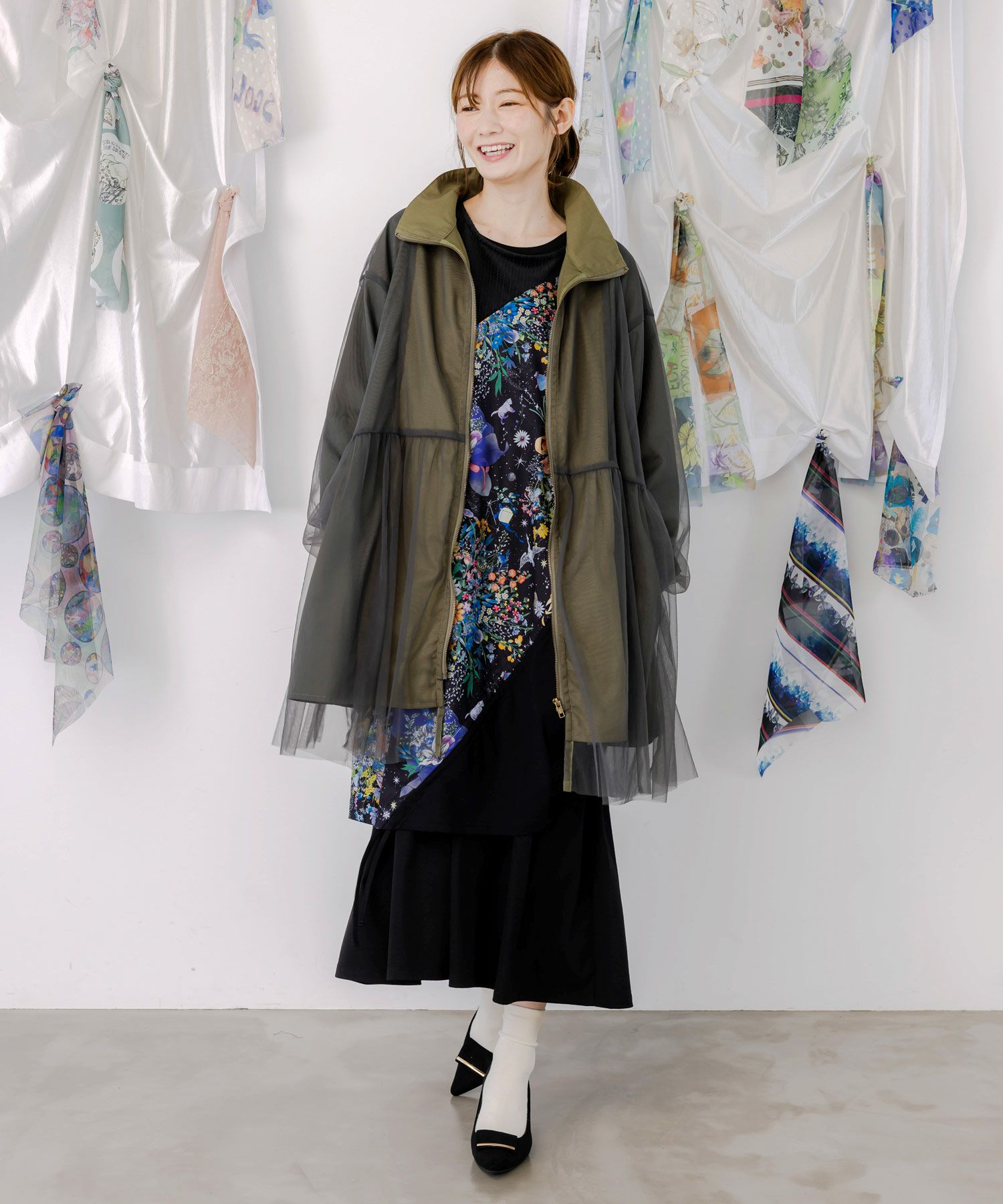 花蝶刺繍チュール重ねロングブルゾン-3