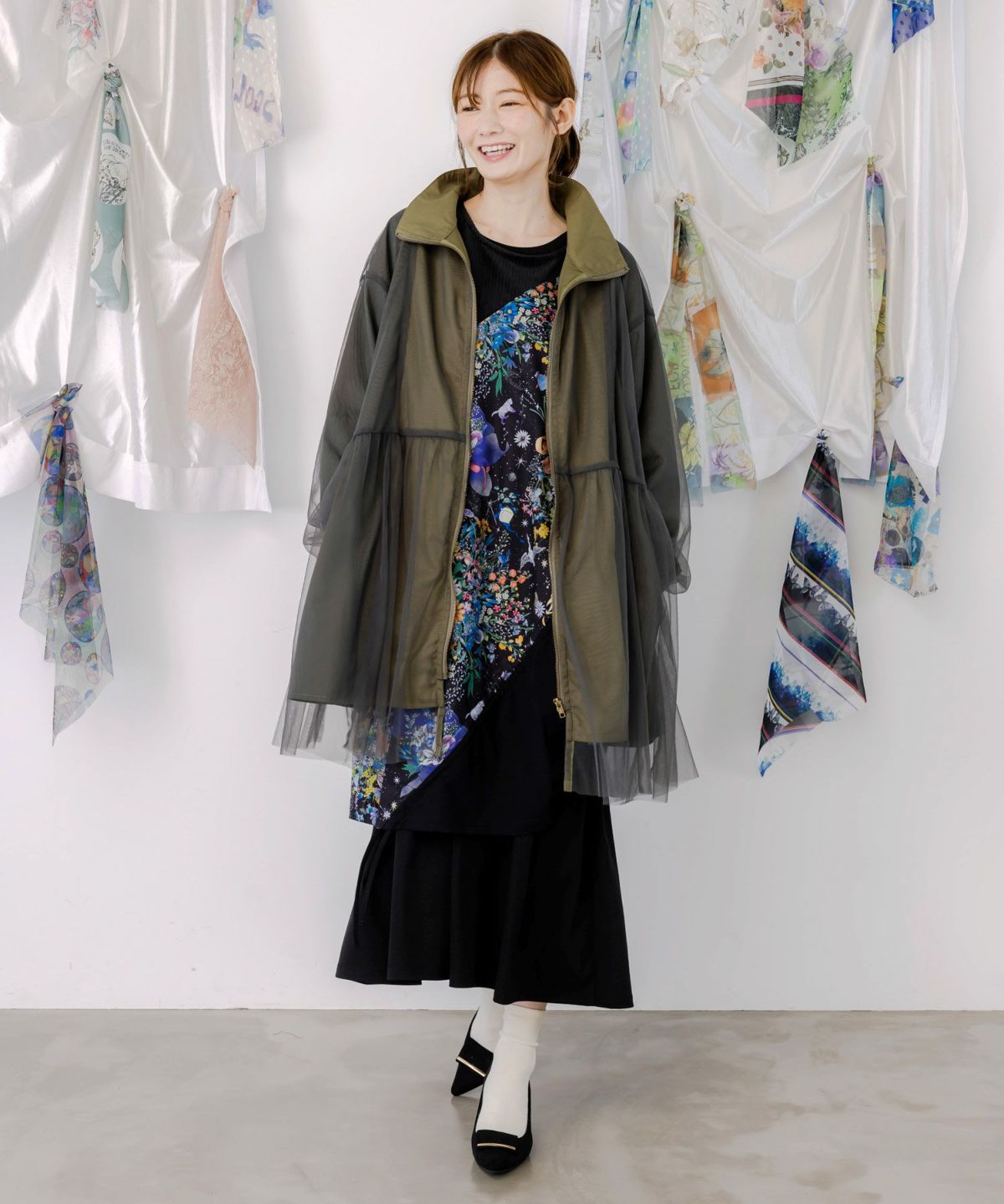 花蝶刺繍チュール重ねロングブルゾン-3