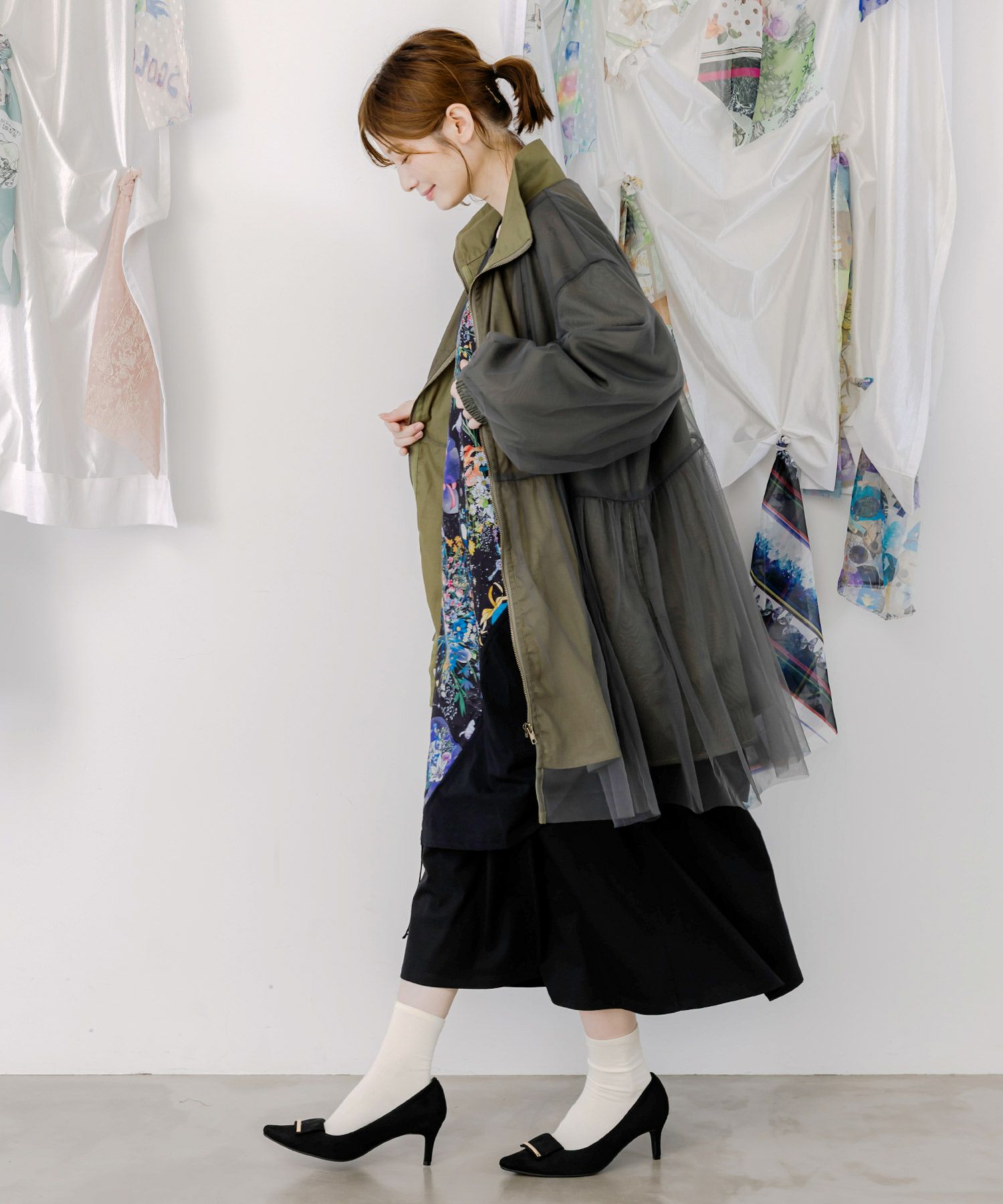 花蝶刺繍チュール重ねロングブルゾン-4