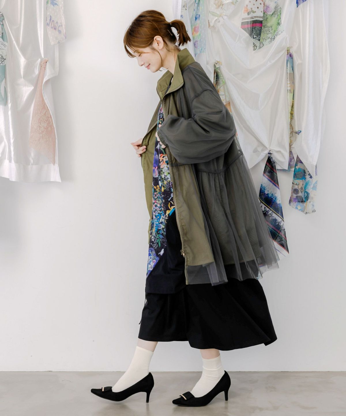 花蝶刺繍チュール重ねロングブルゾン-4