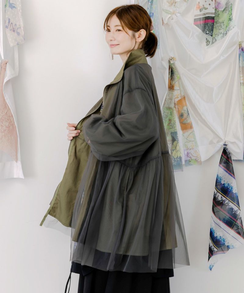 花蝶刺繍チュール重ねロングブルゾン-5