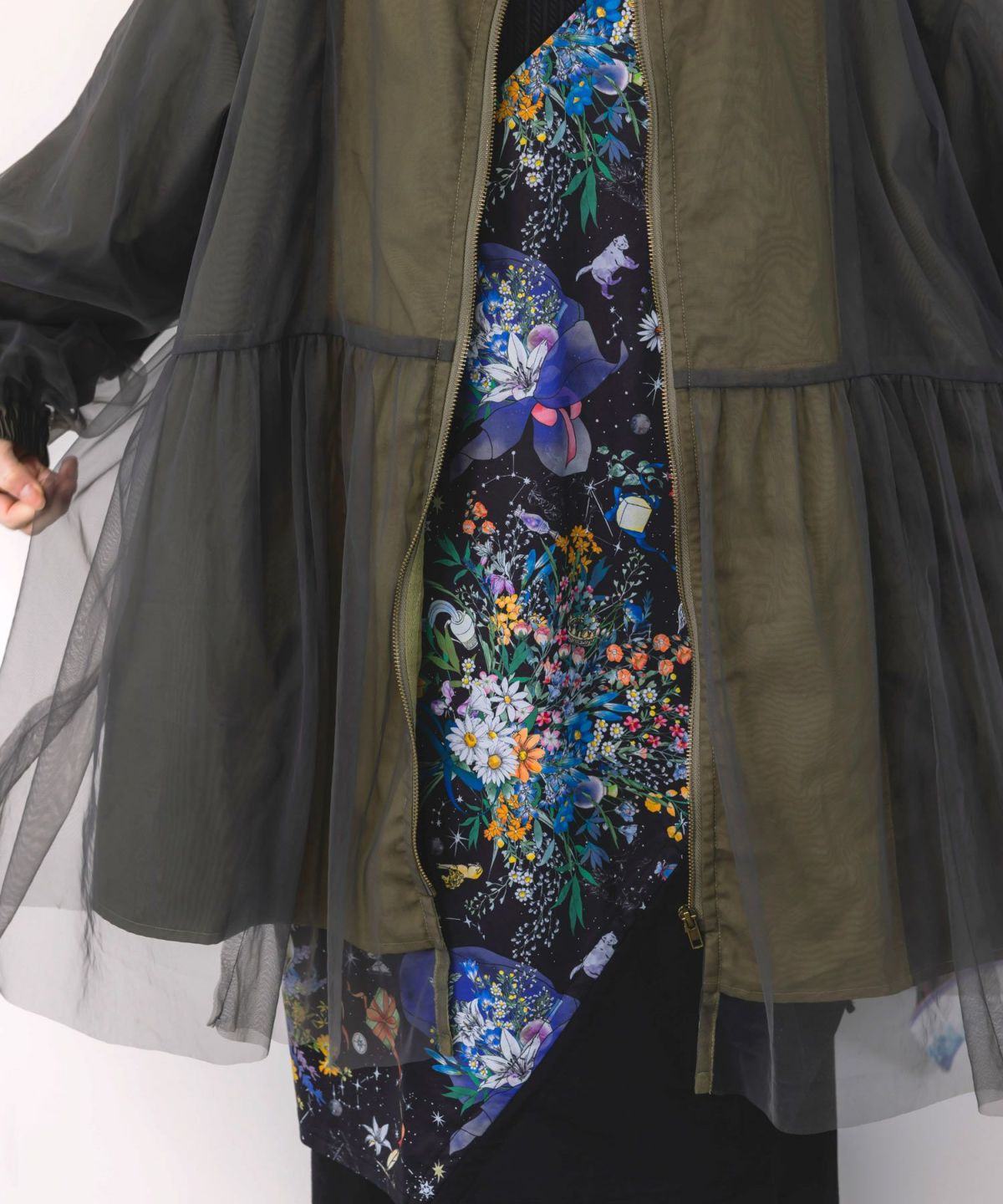 花蝶刺繍チュール重ねロングブルゾン-8