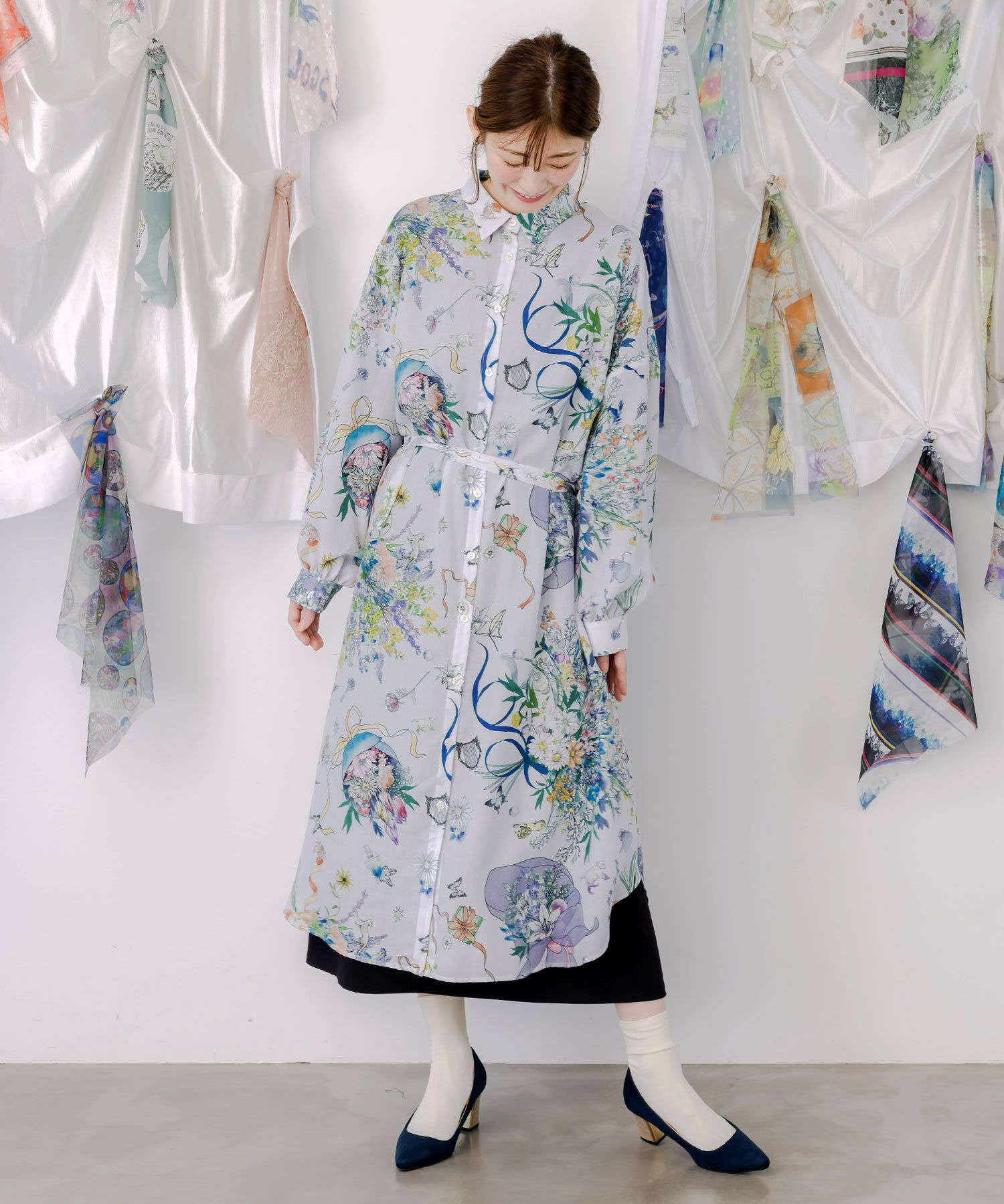 星座と花束柄シャツワンピース-1