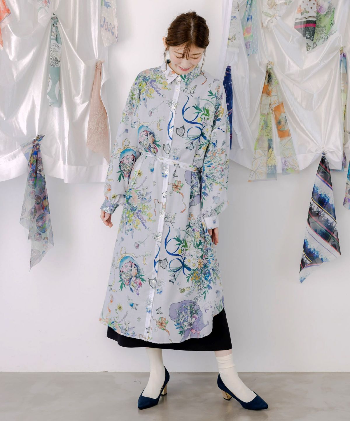 星座と花束柄シャツワンピース-1