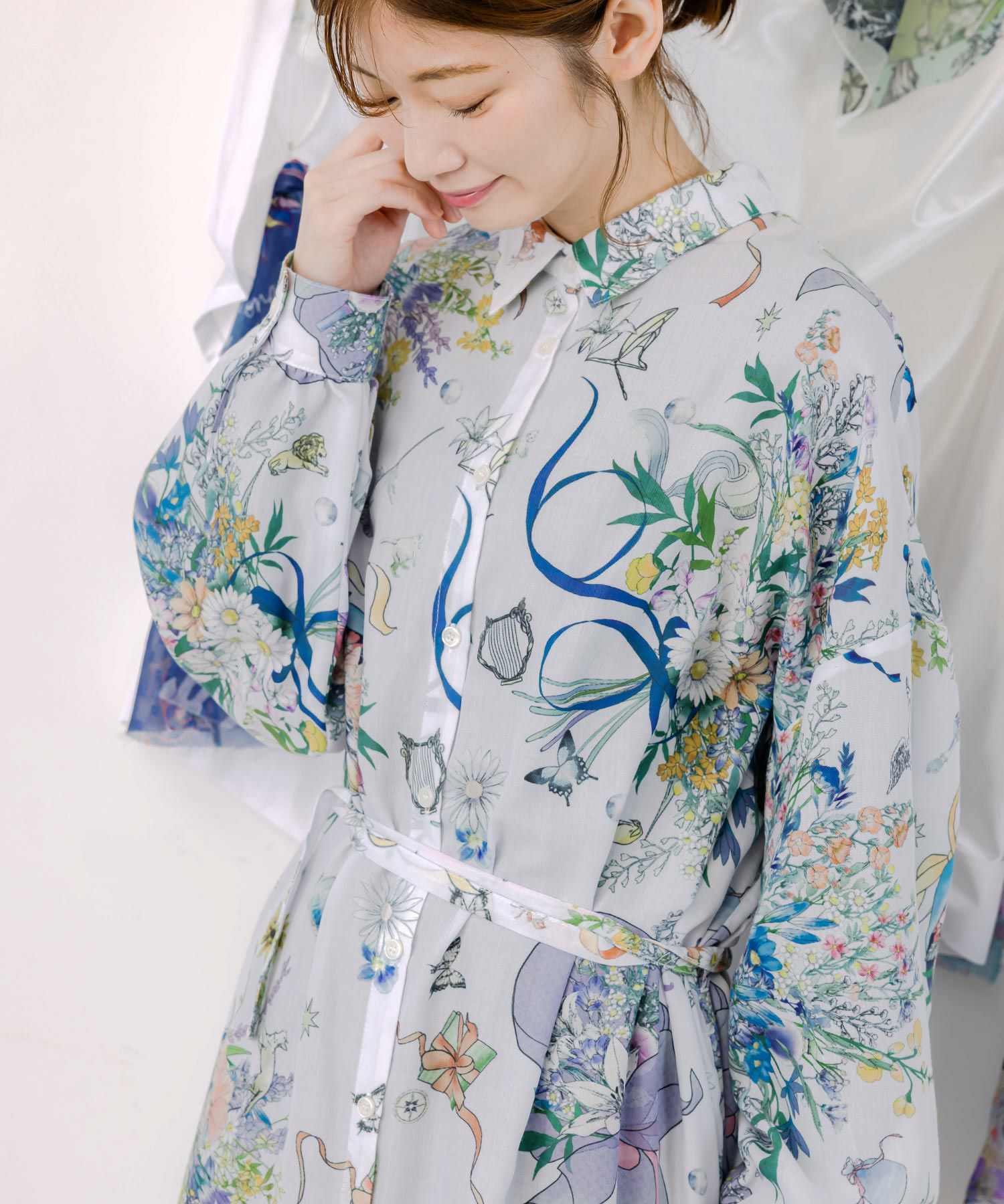 星座と花束柄シャツワンピース-6
