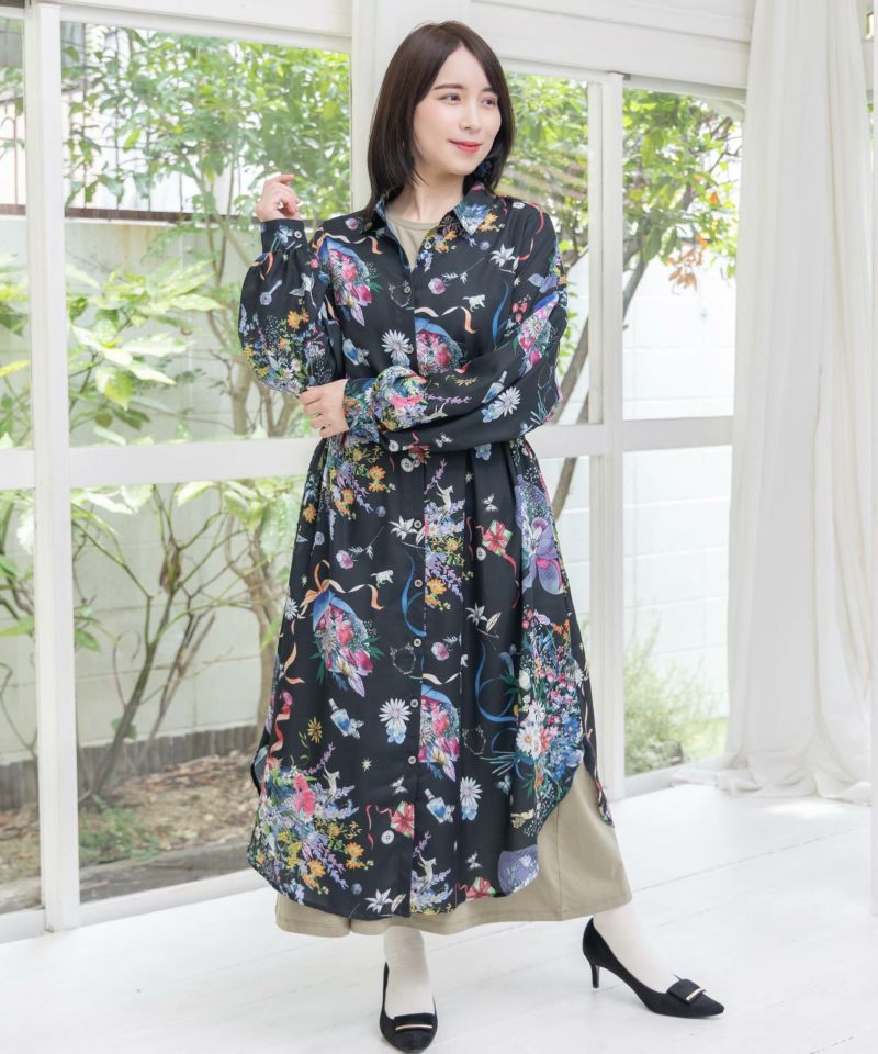 星座と花束柄シャツワンピース-12