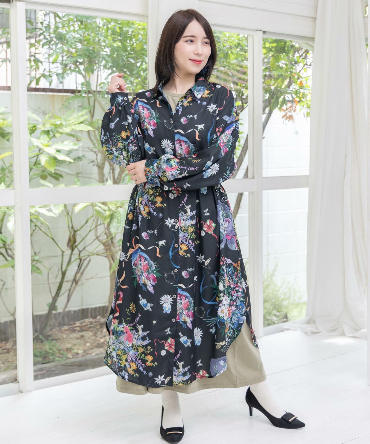 星座と花束柄シャツワンピース-12