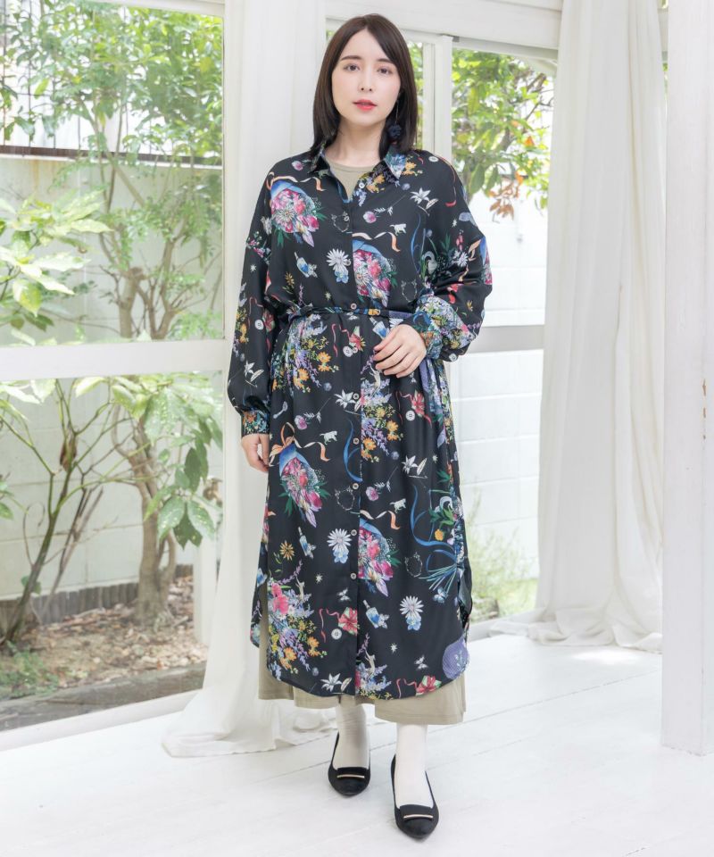 星座と花束柄シャツワンピース-13