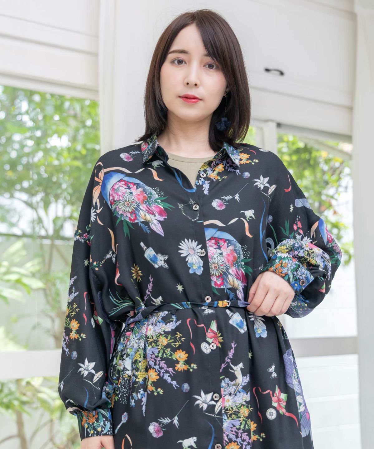 星座と花束柄シャツワンピース-14