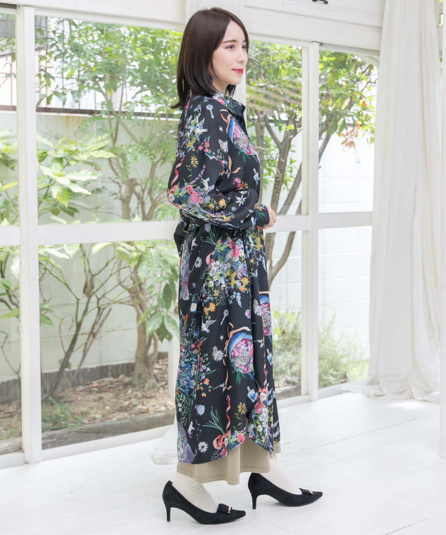 星座と花束柄シャツワンピース-15