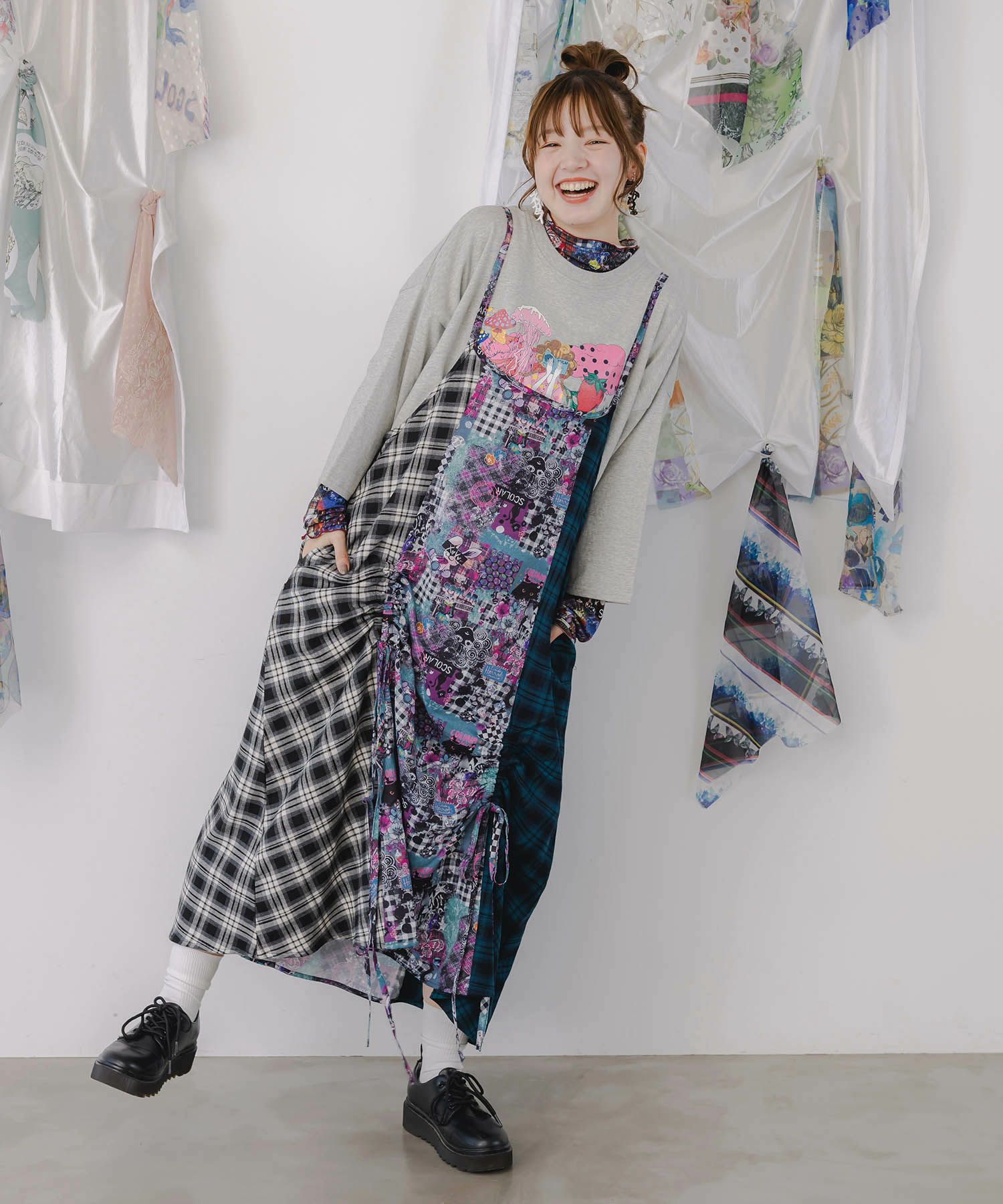 153668：POPチェック柄切替ワンピースの通販-ScoLar