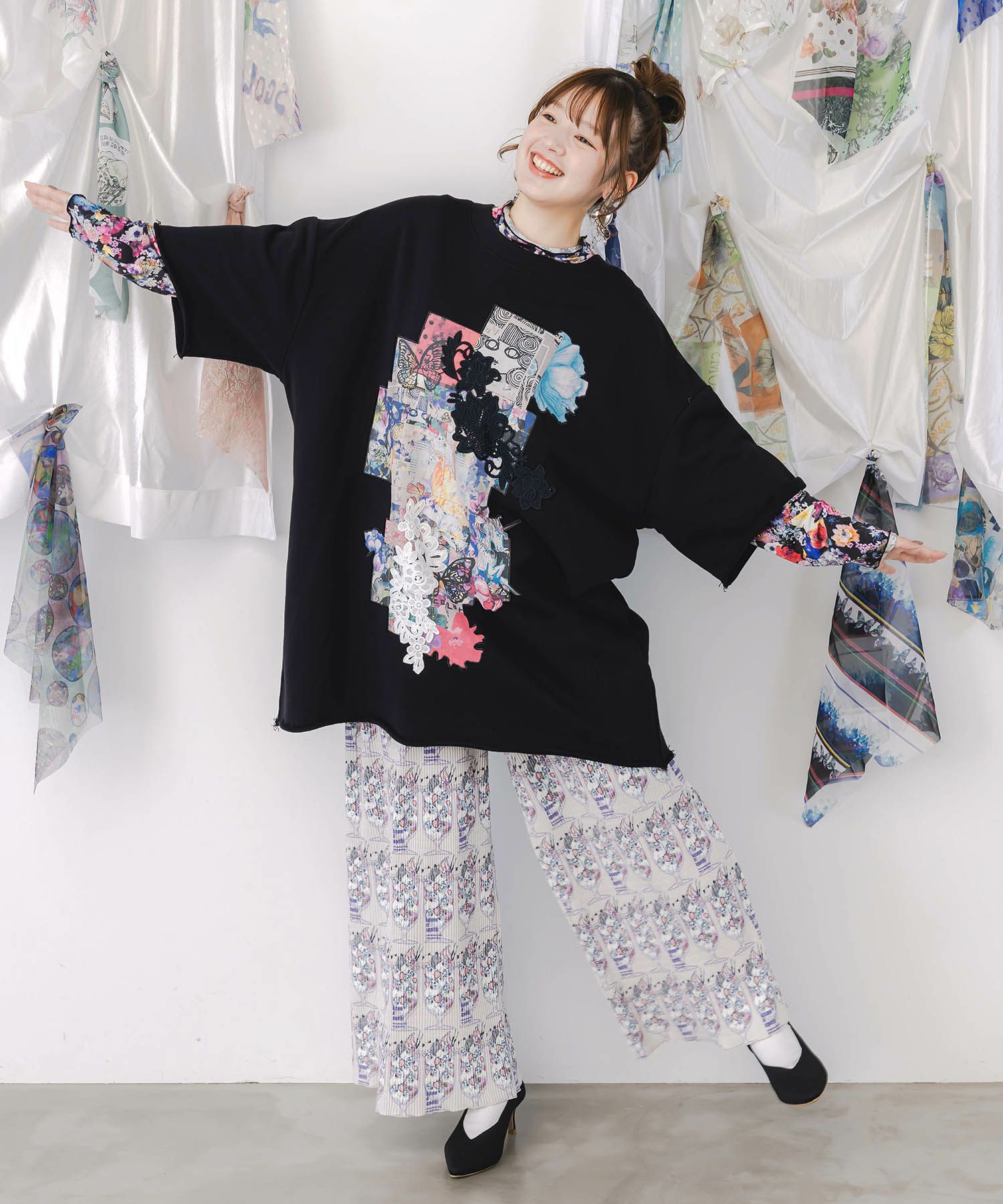 コラージュ柄 レース貼り付け裏毛チュニック-2