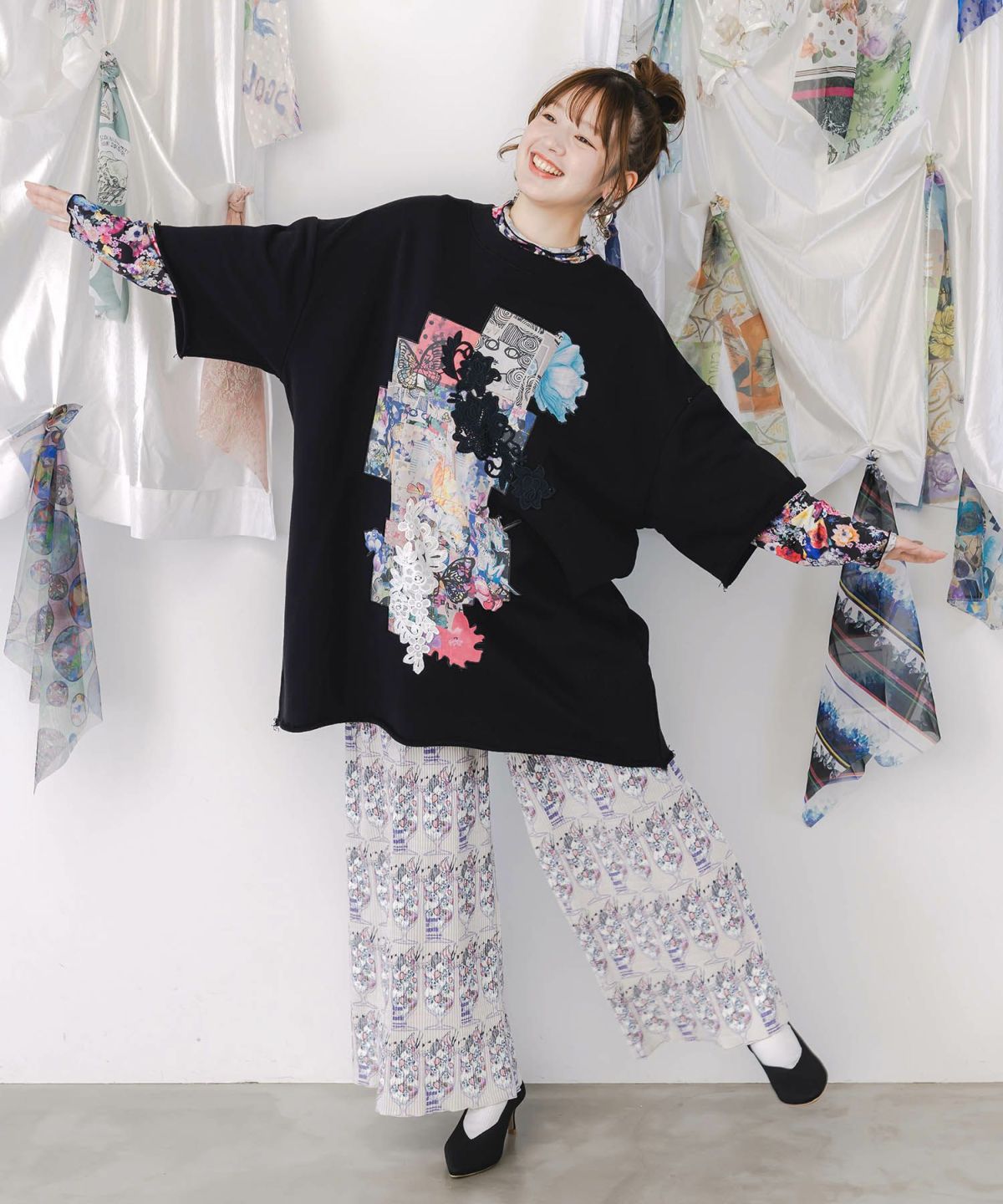 コラージュ柄 レース貼り付け裏毛チュニック-2