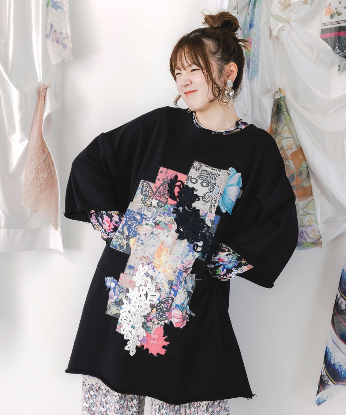 コラージュ柄 レース貼り付け裏毛チュニック-3