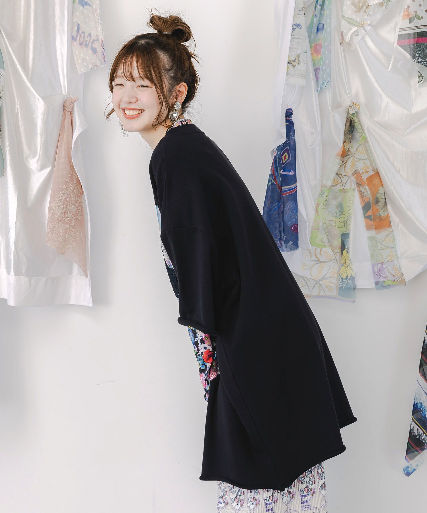 コラージュ柄 レース貼り付け裏毛チュニック-4