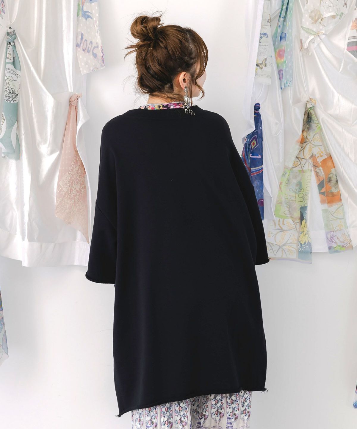 コラージュ柄 レース貼り付け裏毛チュニック-5