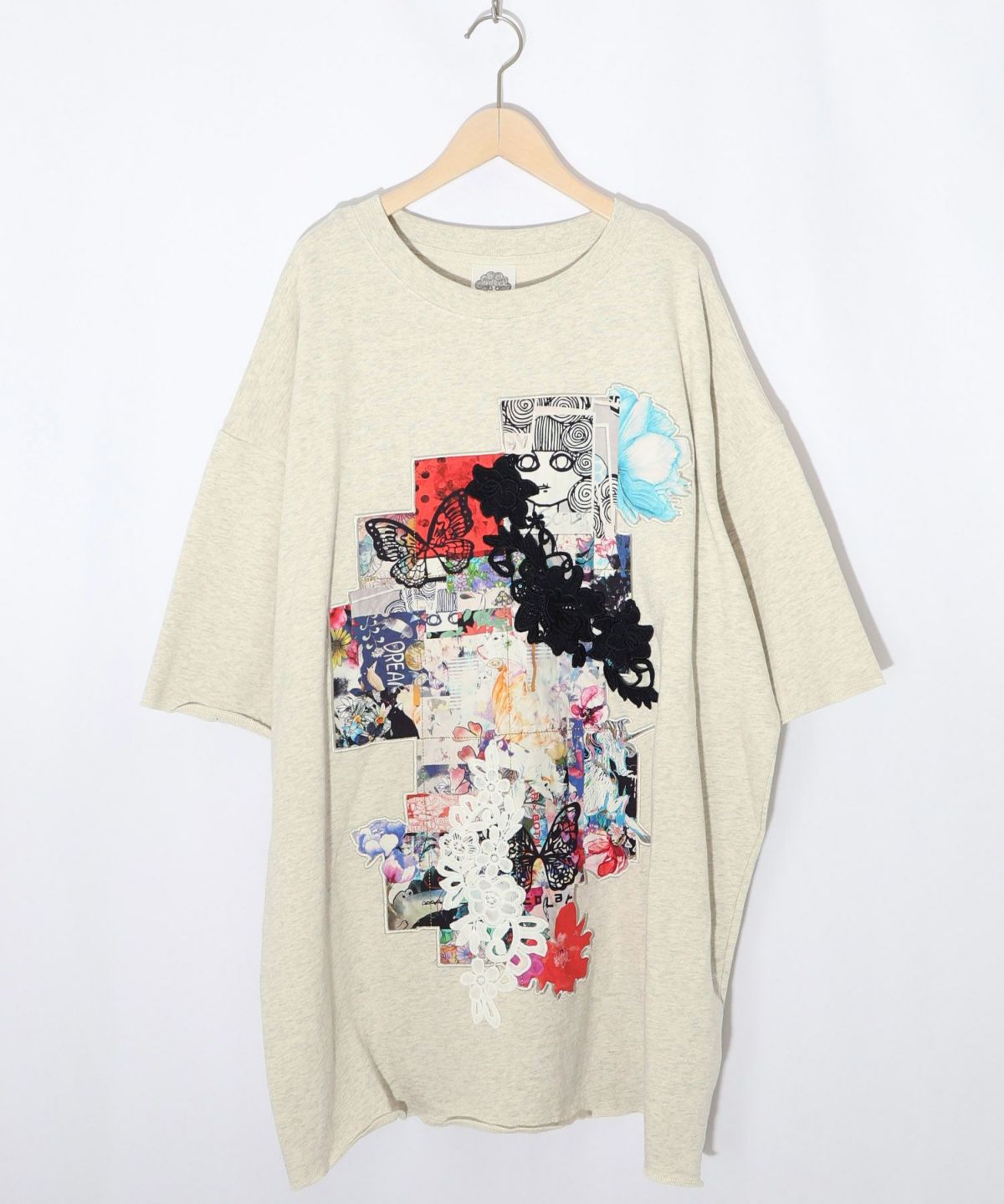 コラージュ柄 レース貼り付け裏毛チュニック-8