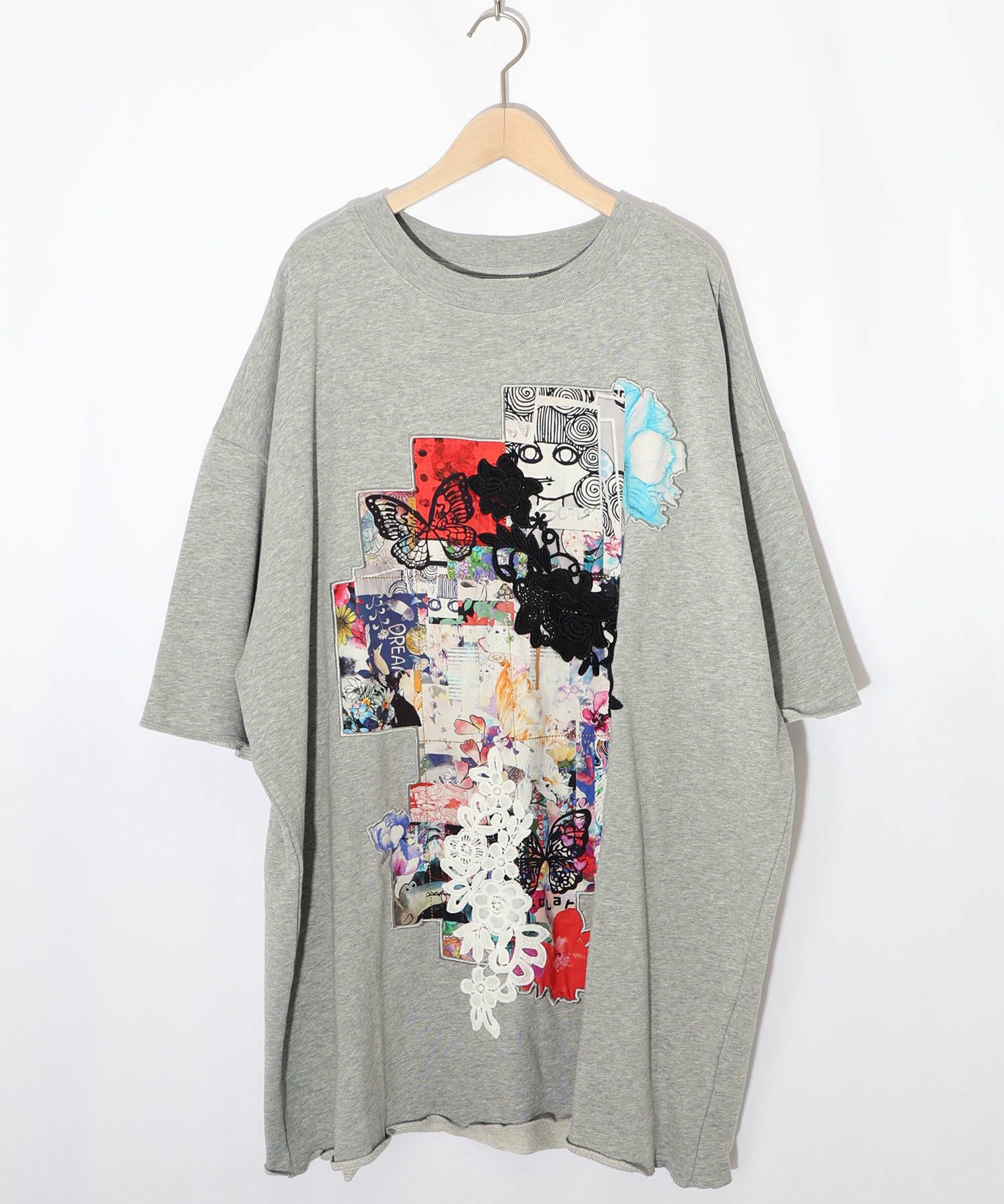 コラージュ柄 レース貼り付け裏毛チュニック-10