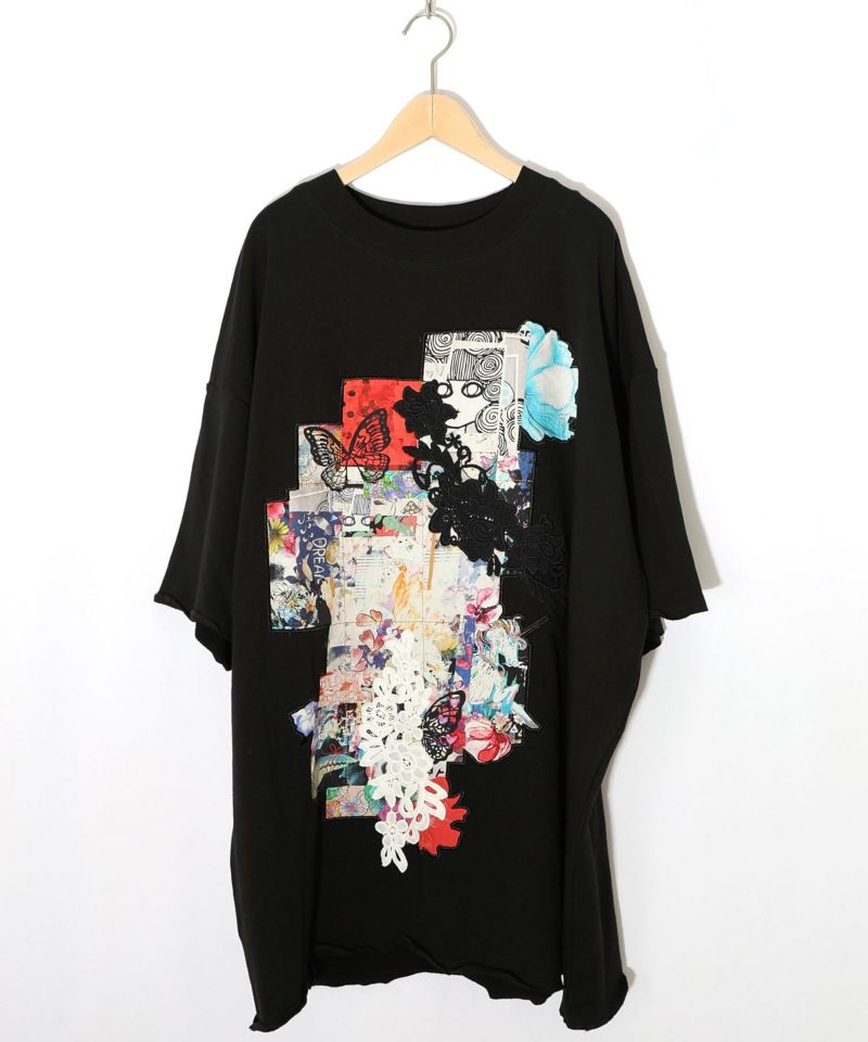 コラージュ柄 レース貼り付け裏毛チュニック-12