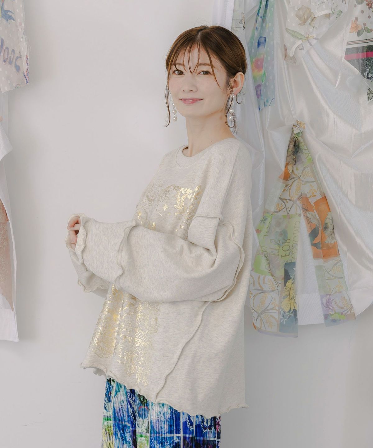 キノコ花柄箔プリント裏毛プルオーバー-3