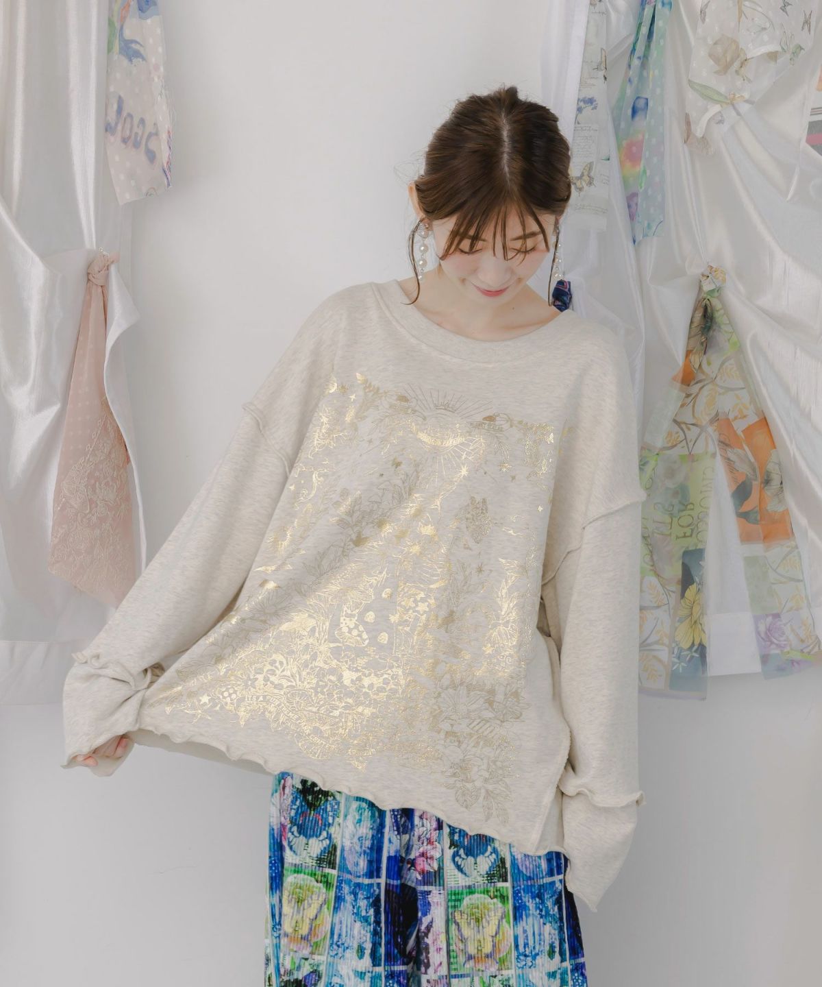 キノコ花柄箔プリント裏毛プルオーバー-5