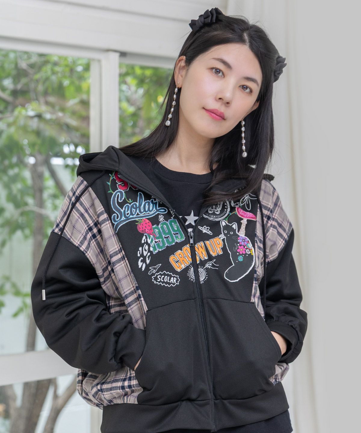 POP・チェック柄切替パーカー-1