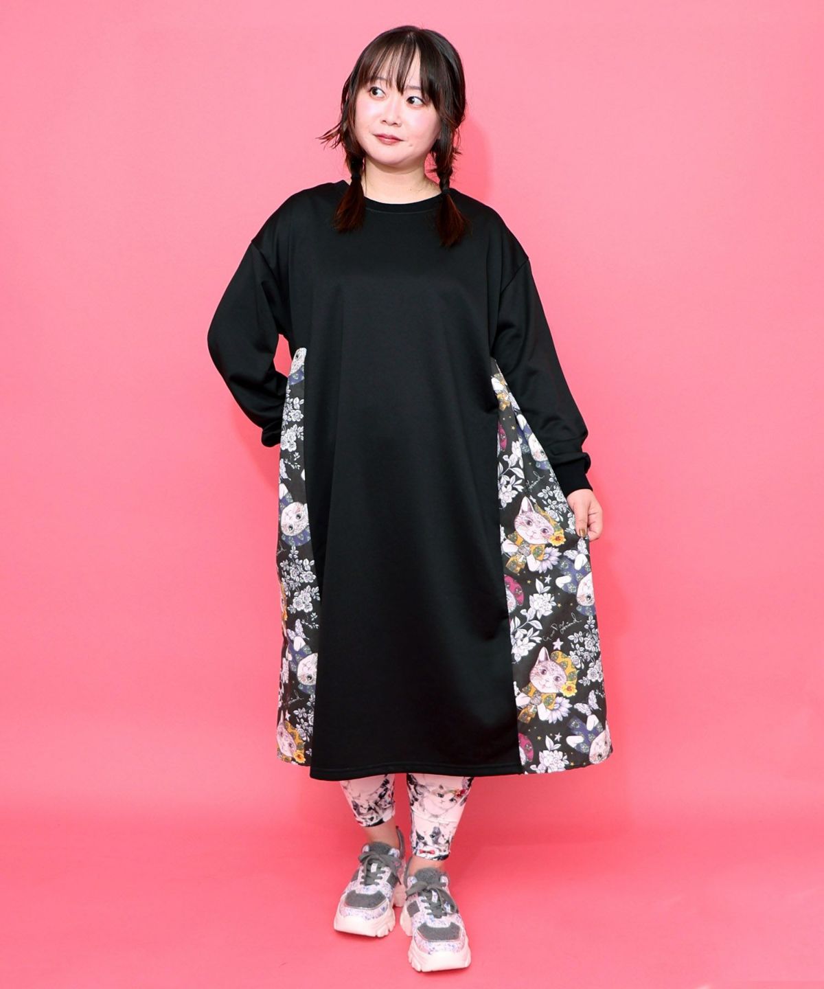 おめかしネコ柄 切替ワンピース-1