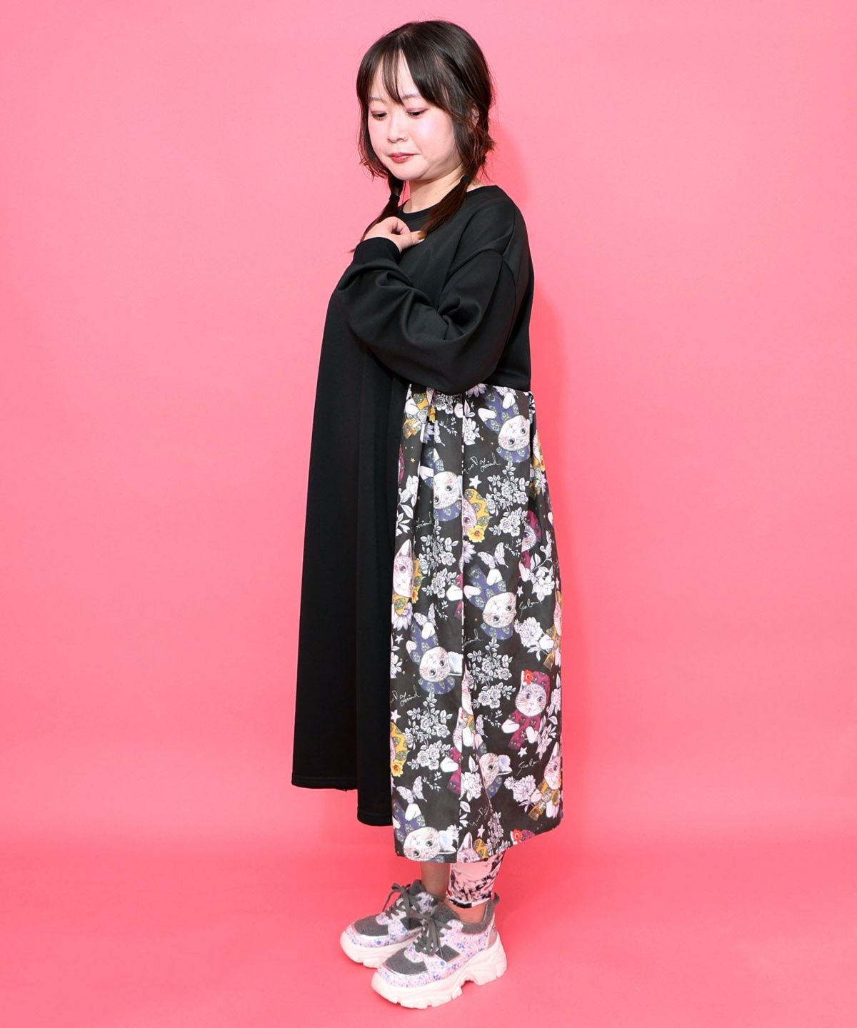 おめかしネコ柄 切替ワンピース-4