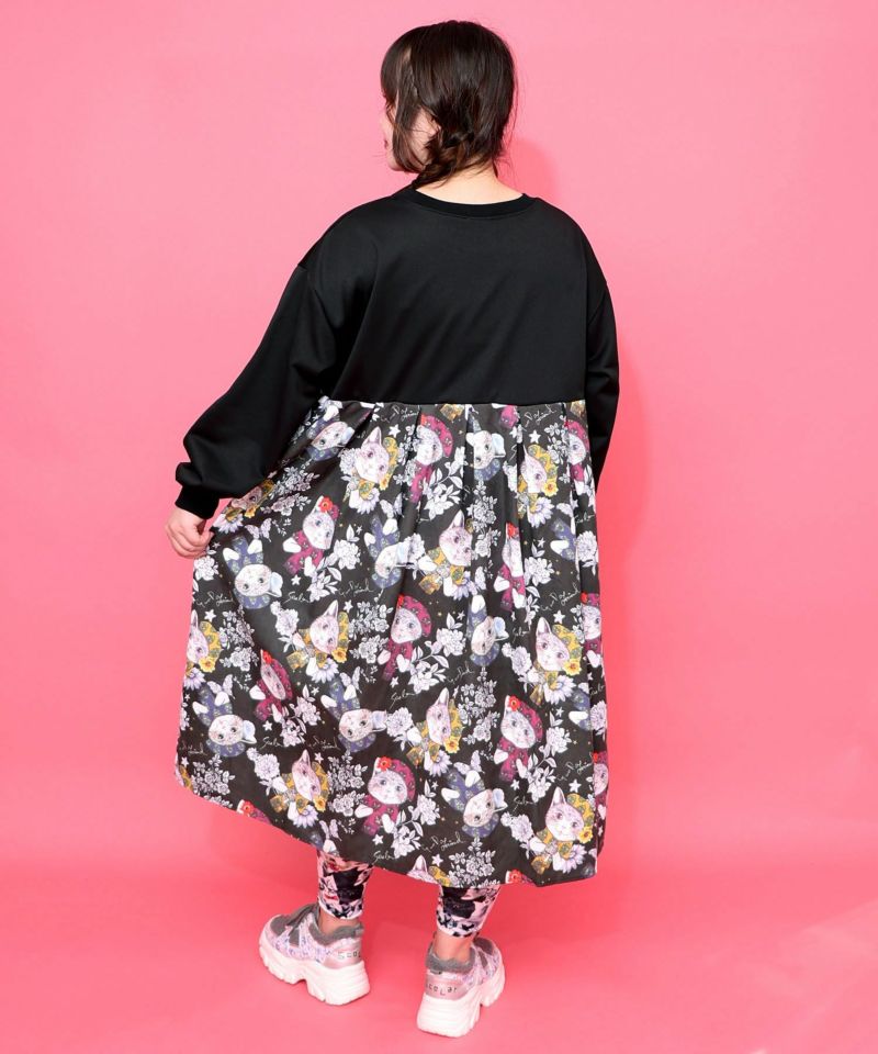 おめかしネコ柄 切替ワンピース-5