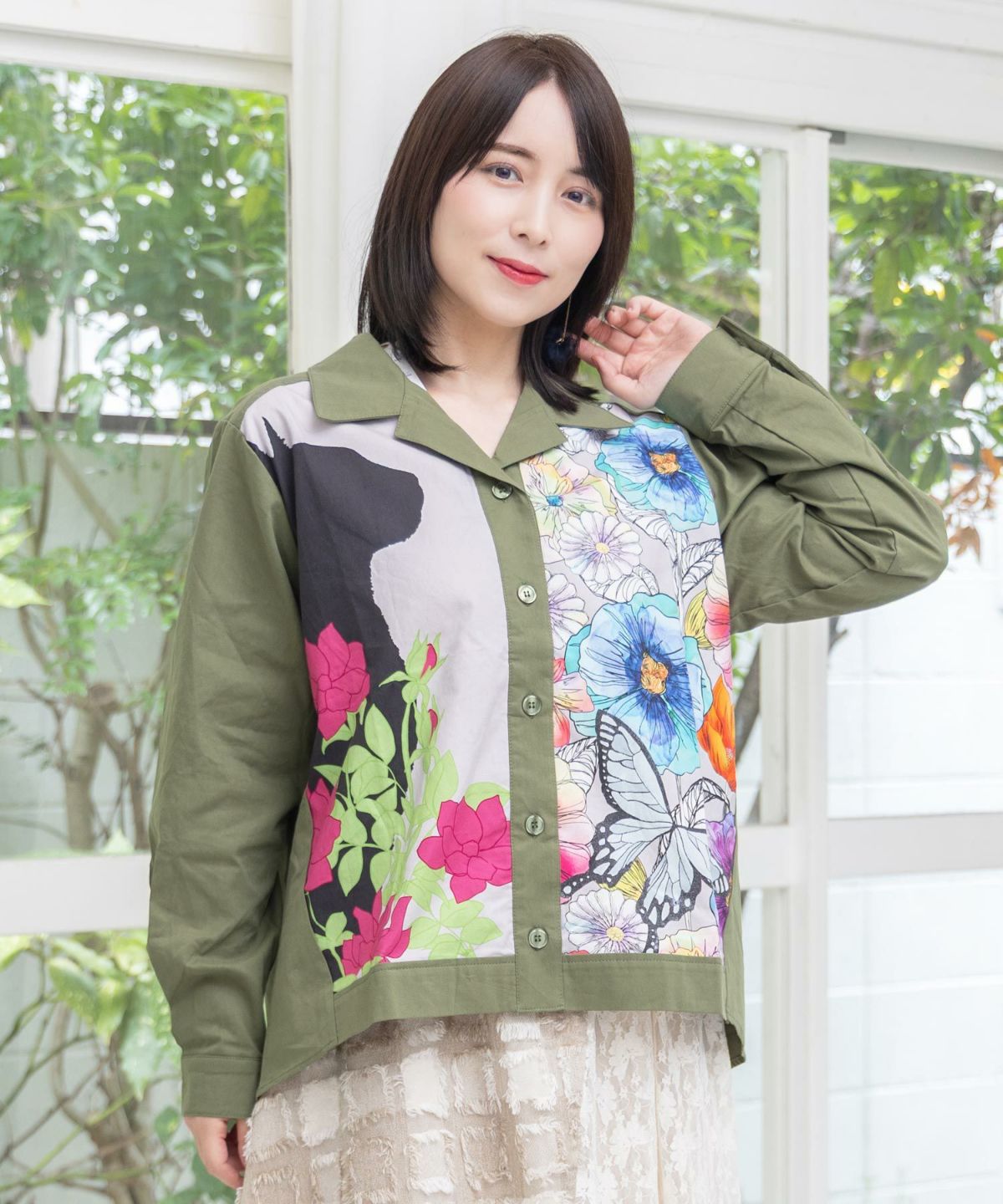 ネコ花柄切替シャツ-1