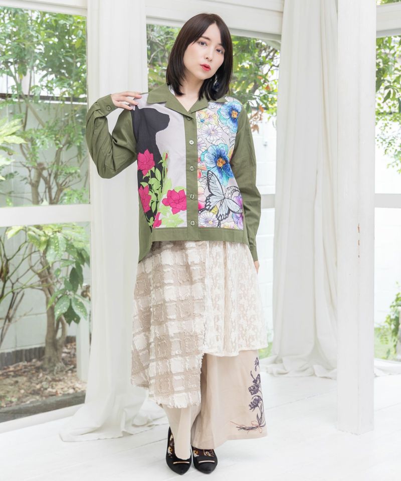 153649：ネコ花柄切替シャツの通販-ScoLar