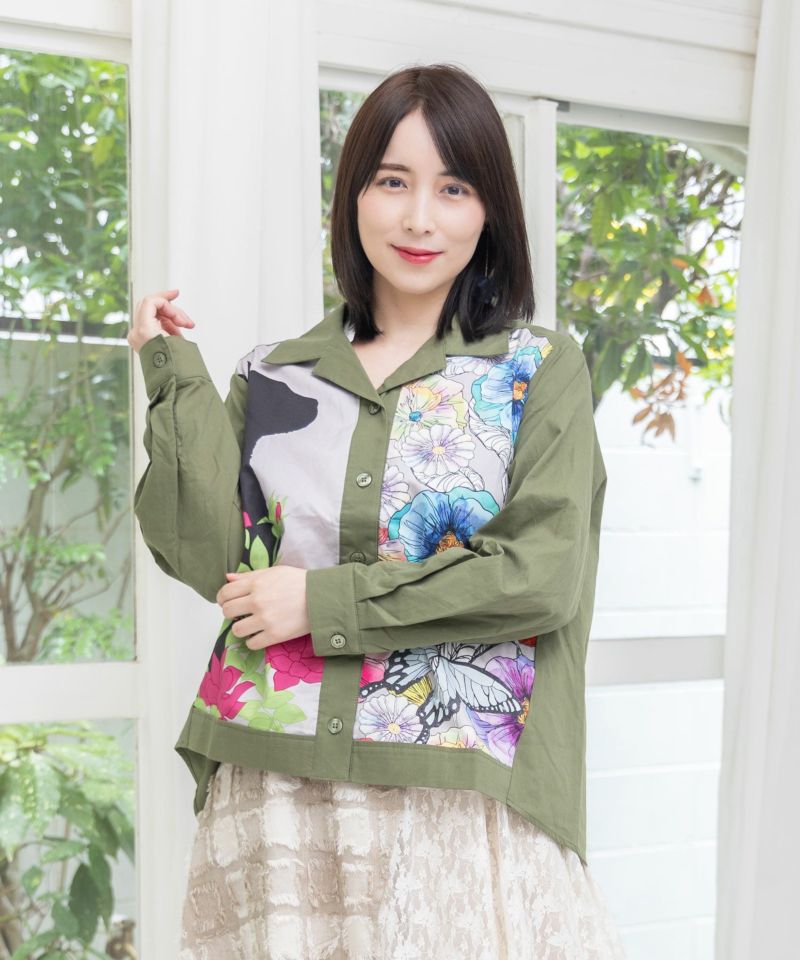 ネコ花柄切替シャツ-3