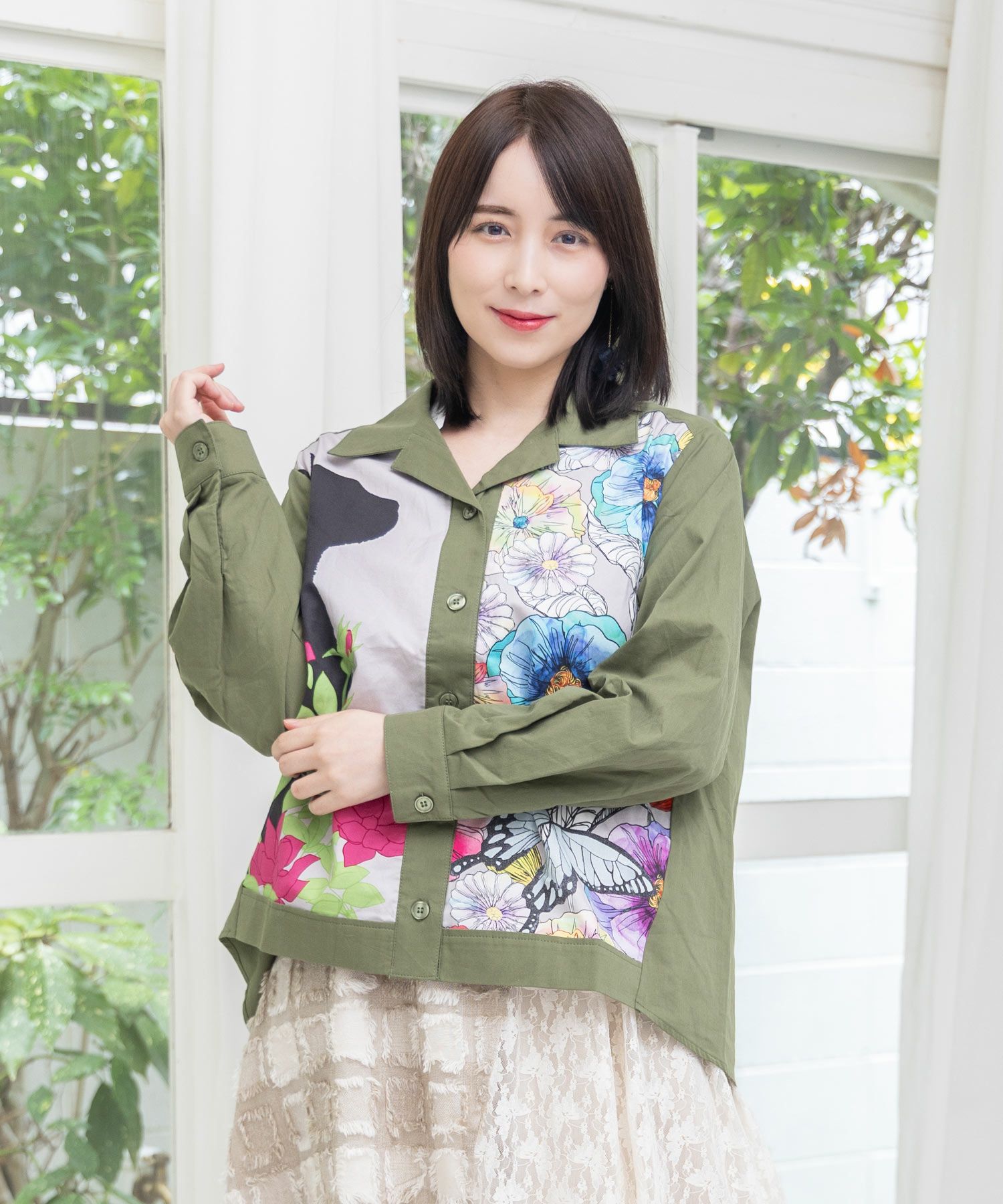 ネコ花柄切替シャツ-3