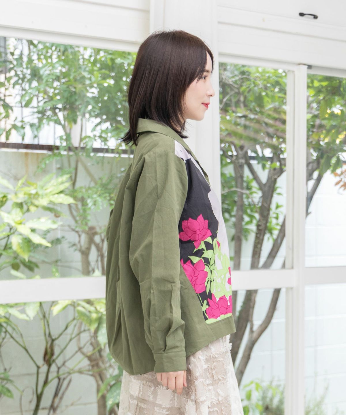 ネコ花柄切替シャツ-6