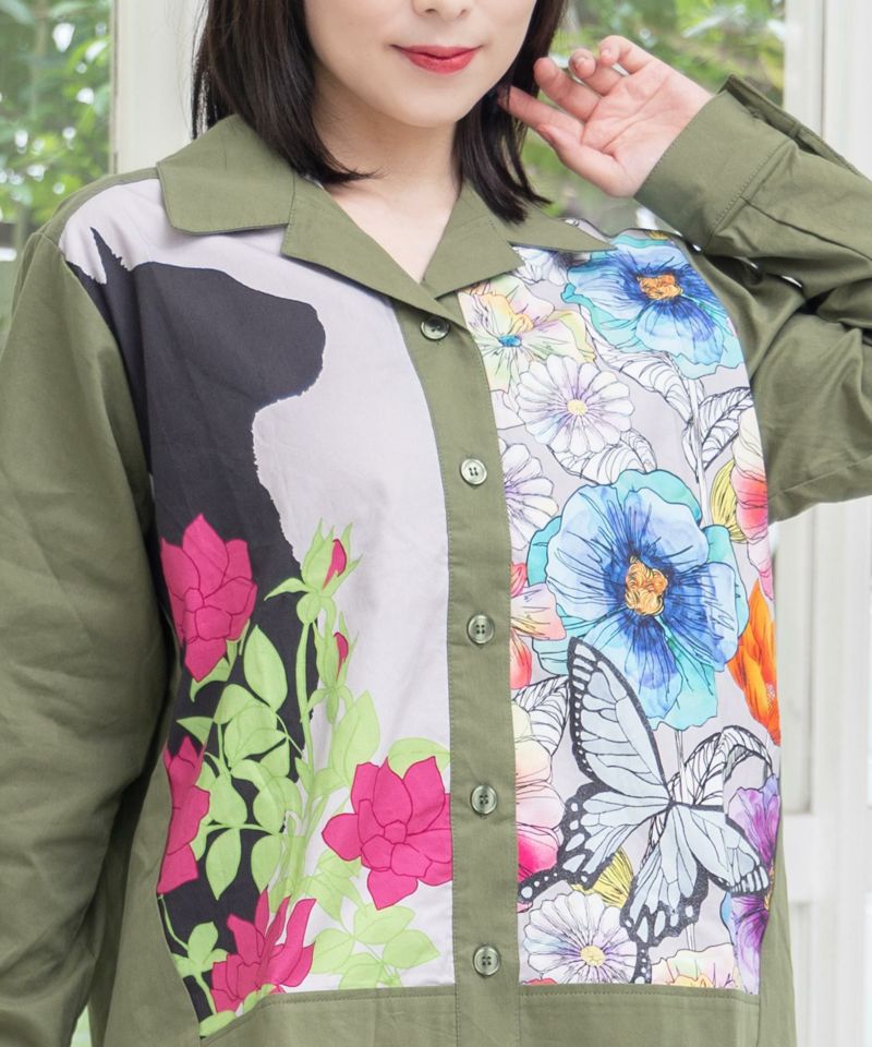 ネコ花柄切替シャツ-7