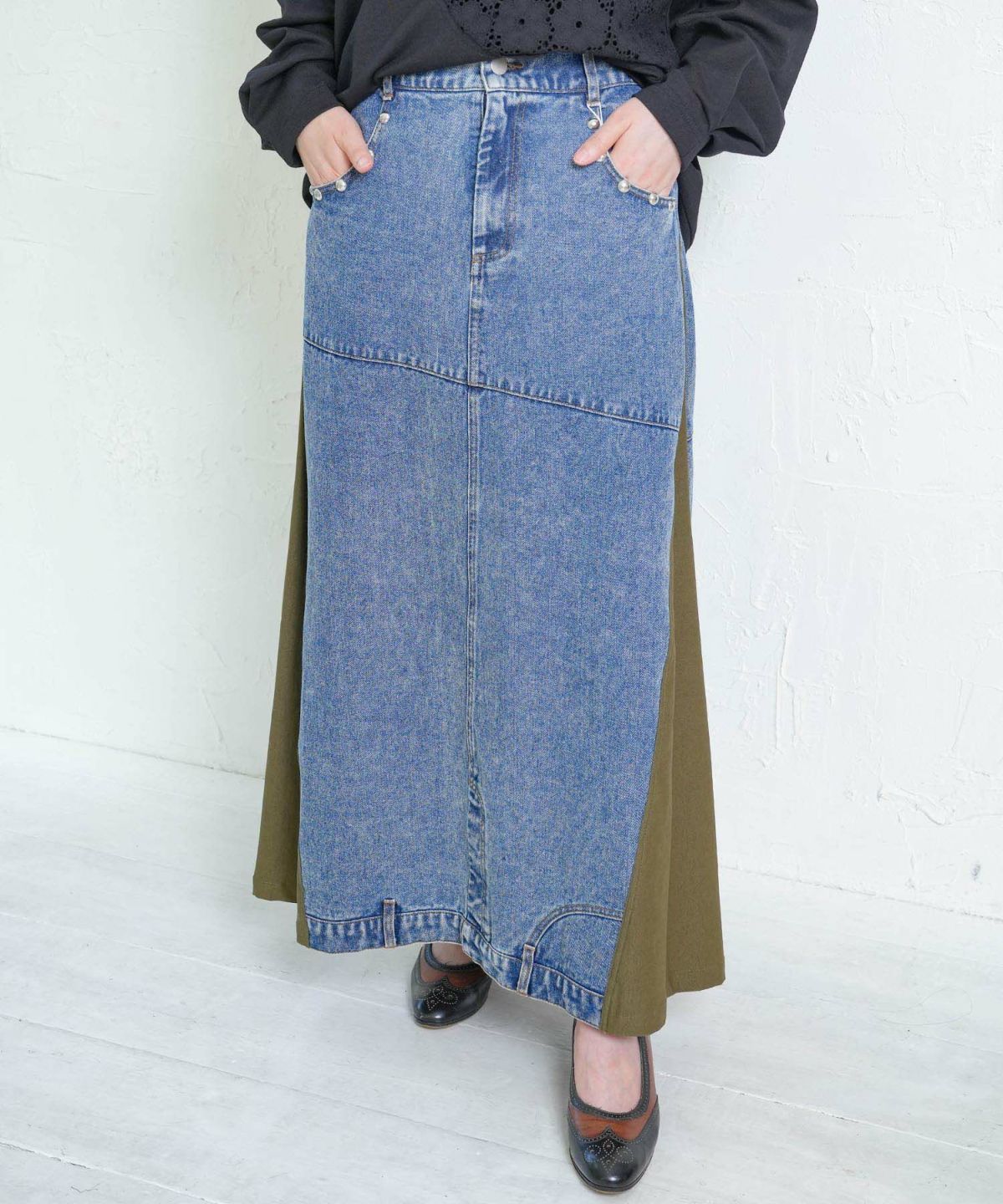 スタッズ付き異素材切替スカート-1