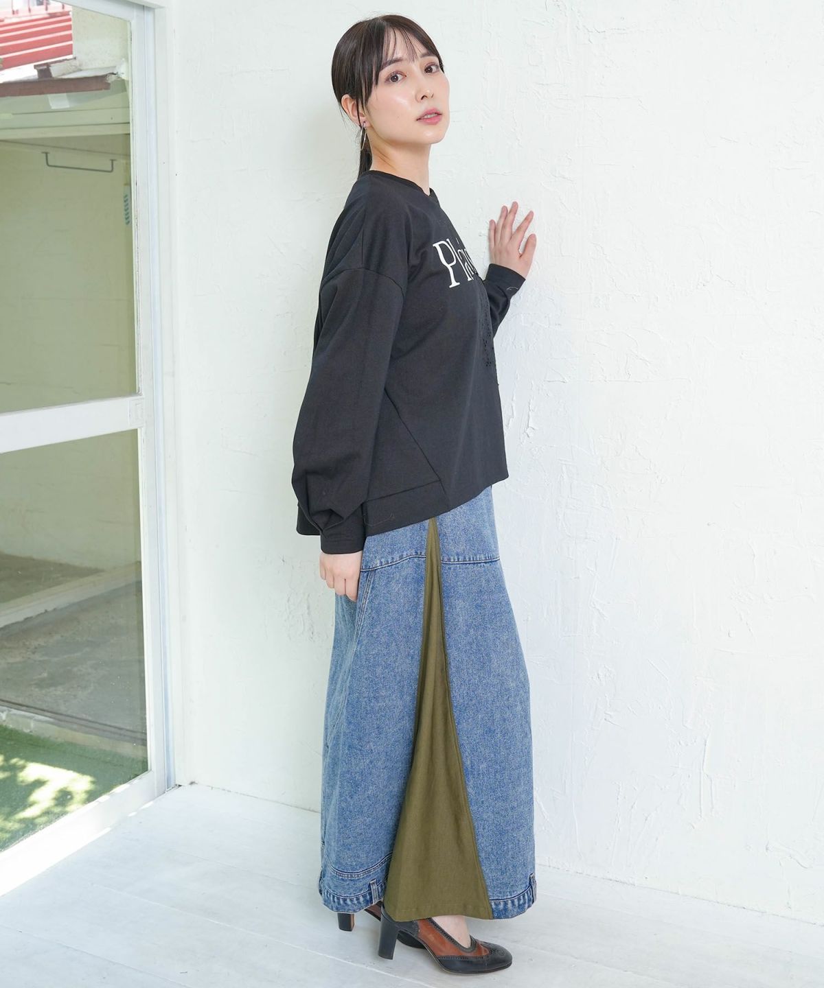 スタッズ付き異素材切替スカート-5