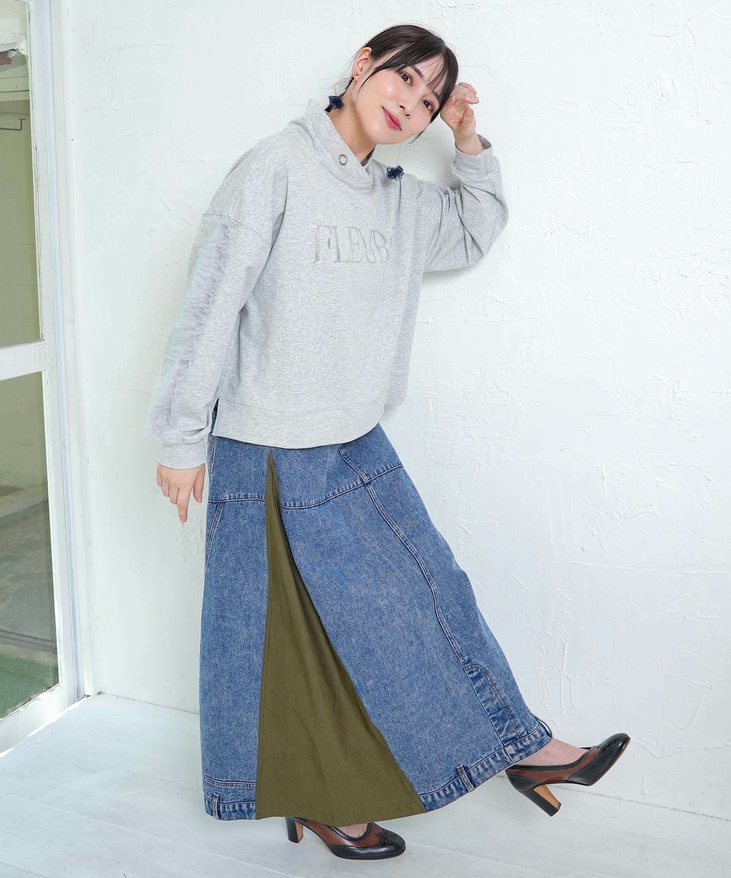 スタッズ付き異素材切替スカート-9