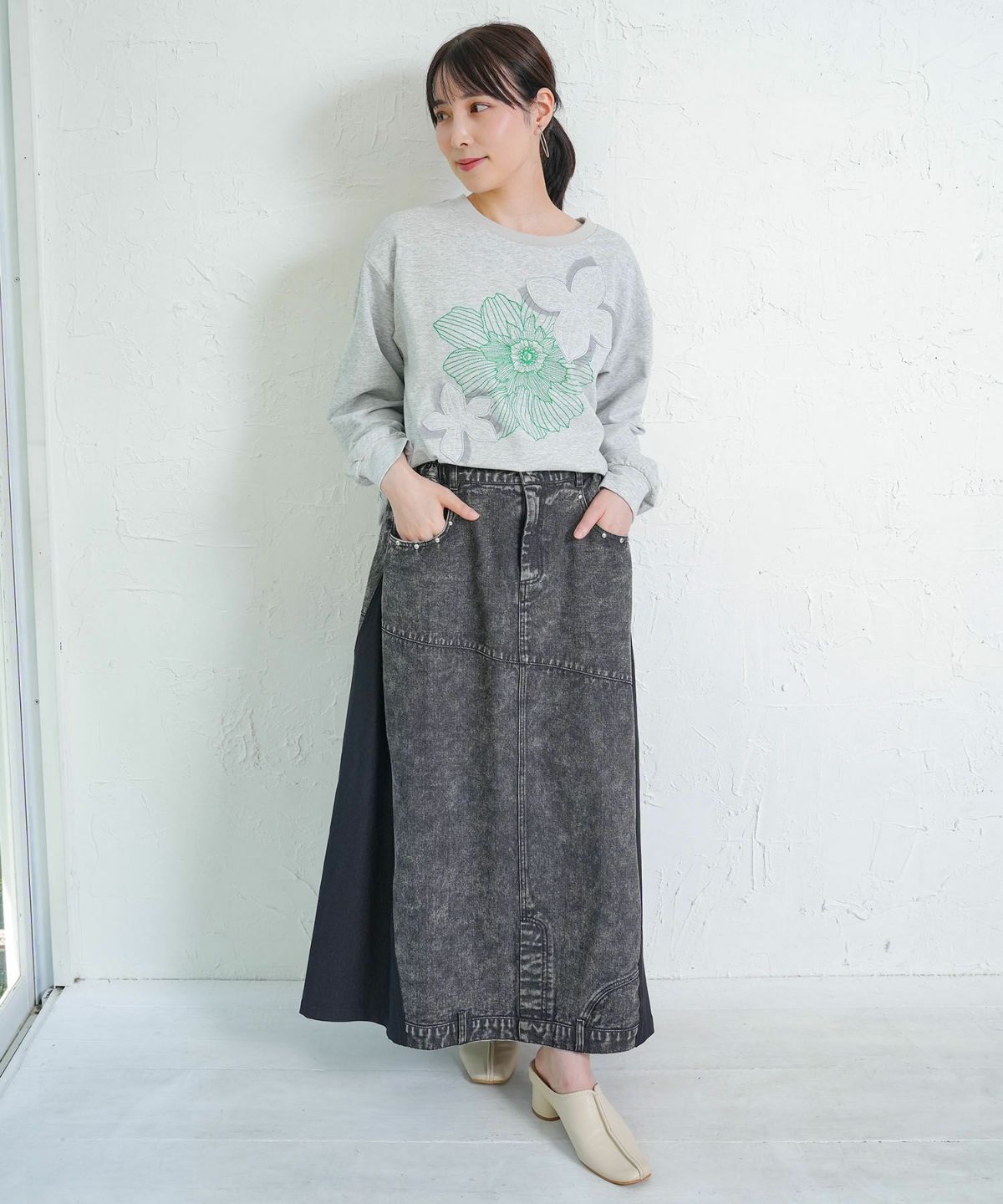 スタッズ付き異素材切替スカート-12